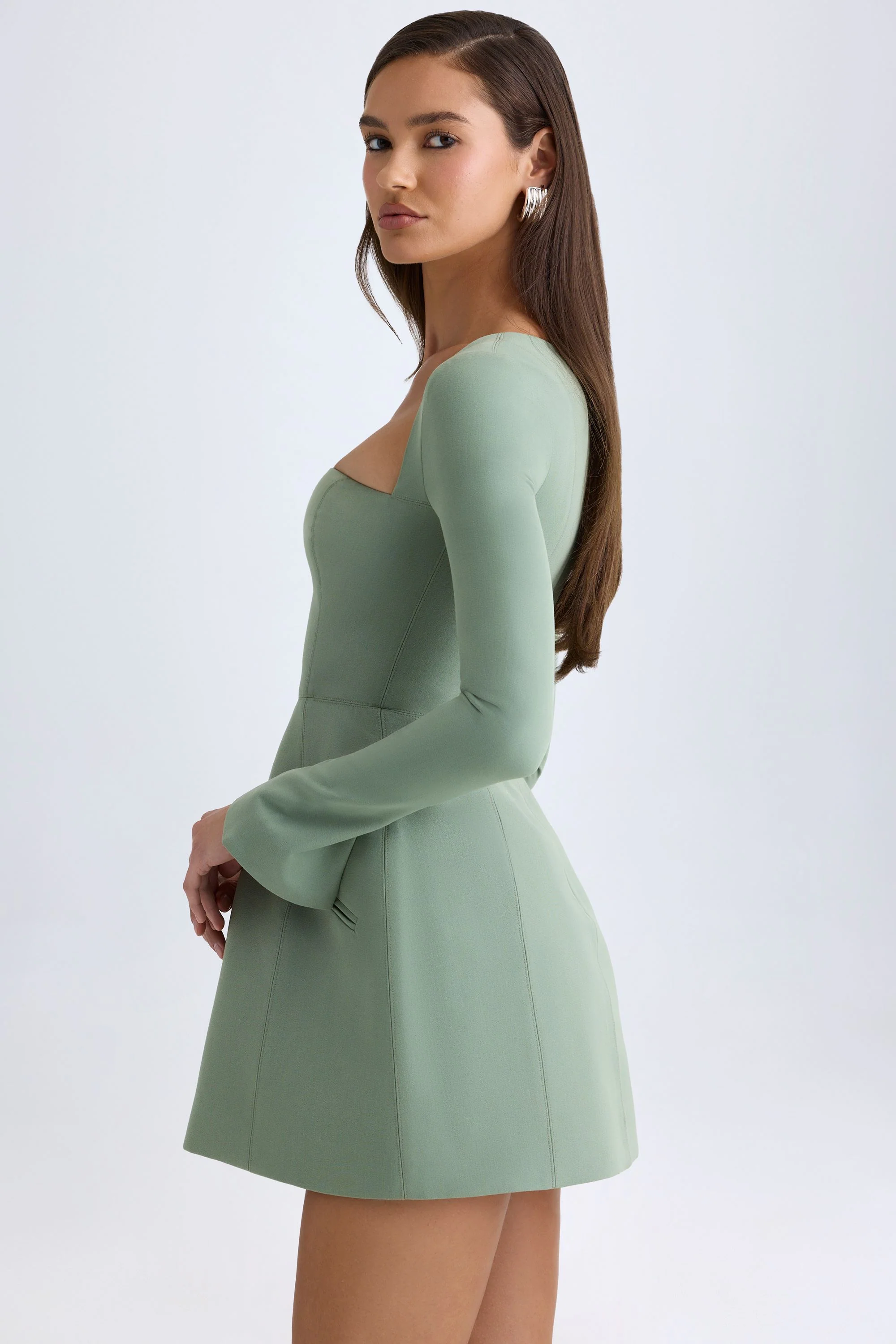 Square-Neck Structured Tulip Mini Dress in Khaki Green - Image 4