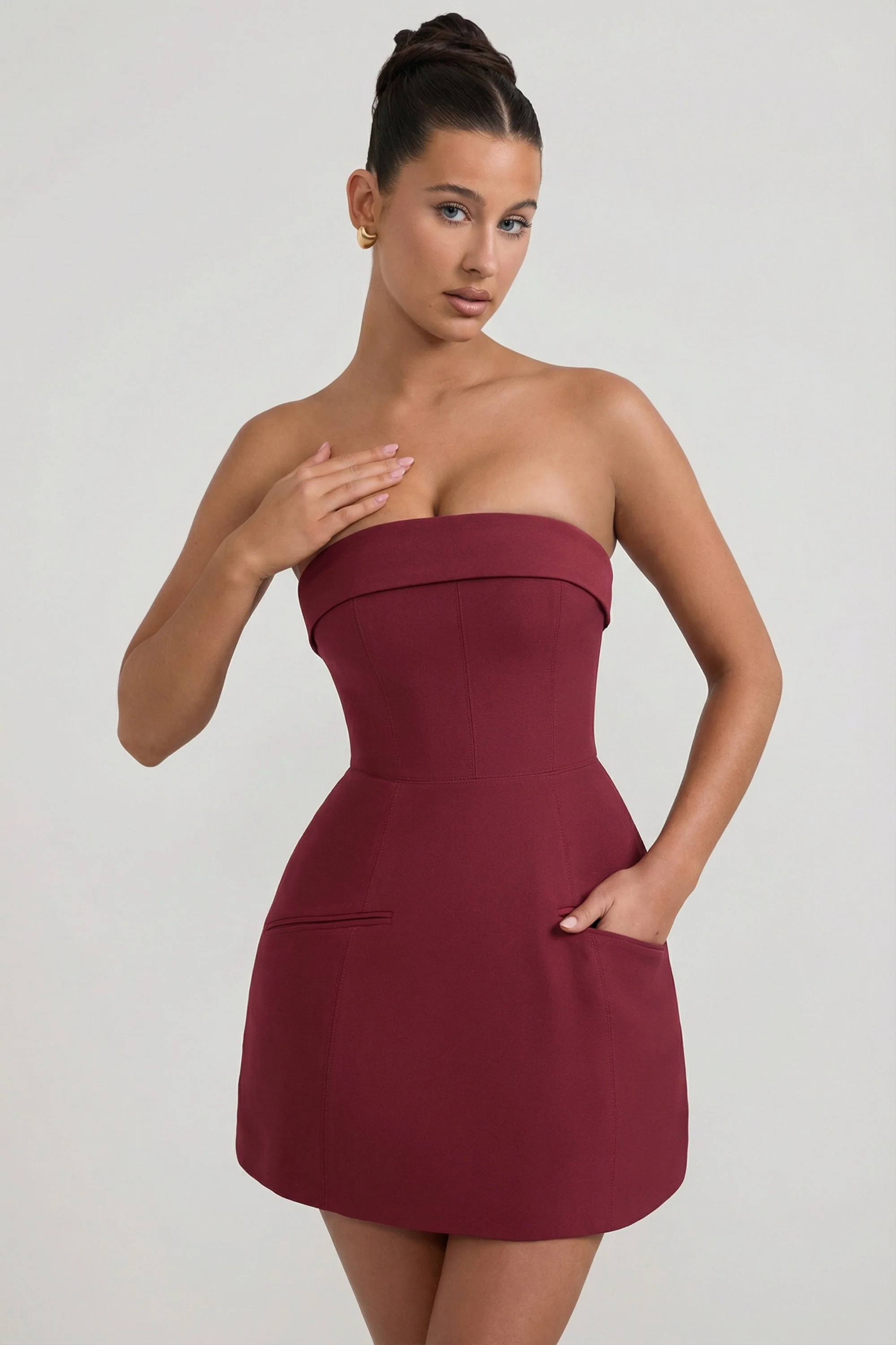 Foldover-Neck Strapless Structured A-Line Mini Dress in Wine Red - Image 5