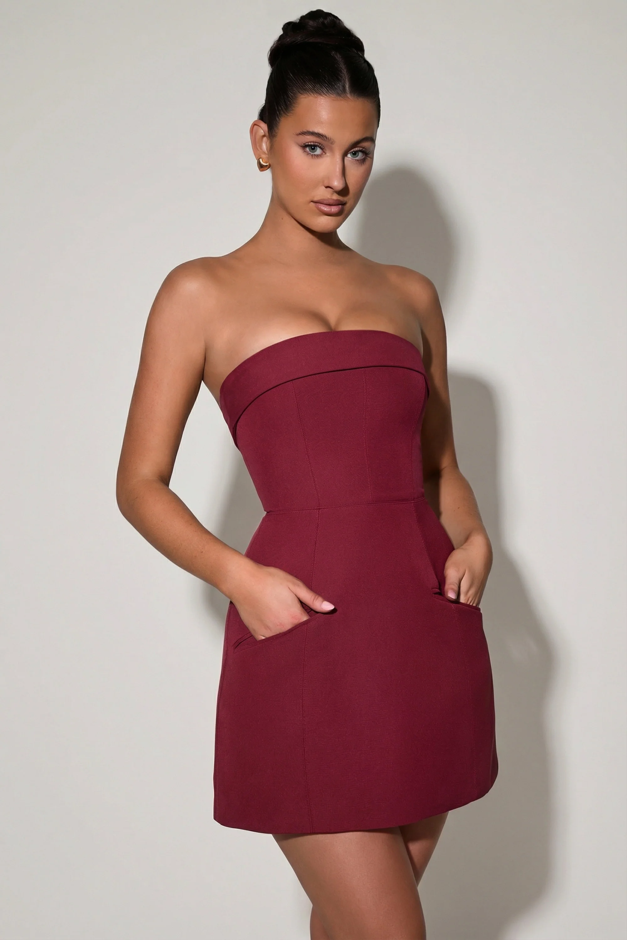 Foldover-Neck Strapless Structured A-Line Mini Dress in Wine Red - Image 7