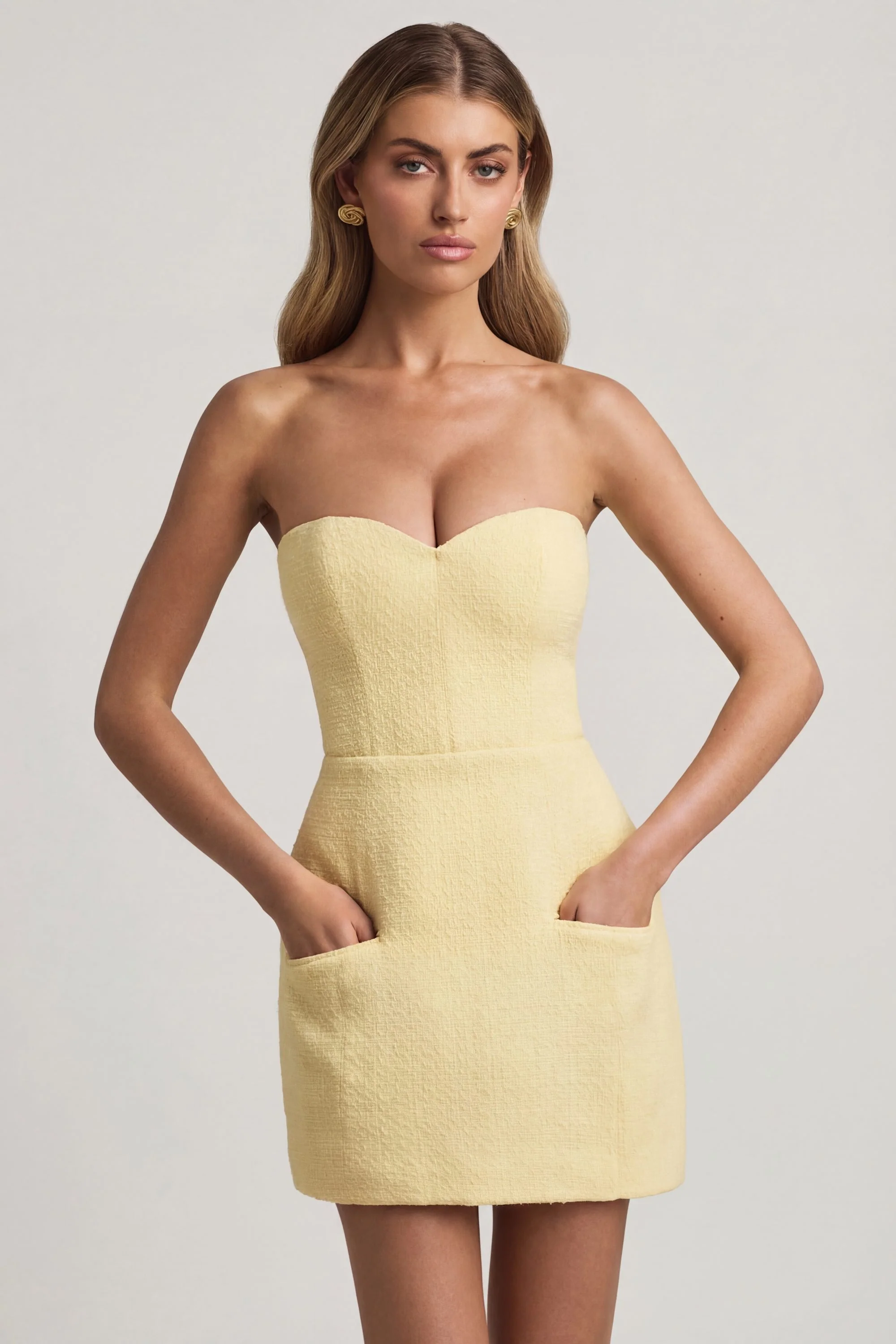 Sweetheart-Neck Strapless Structured Mini Dress in Pastel Yellow - Image 6