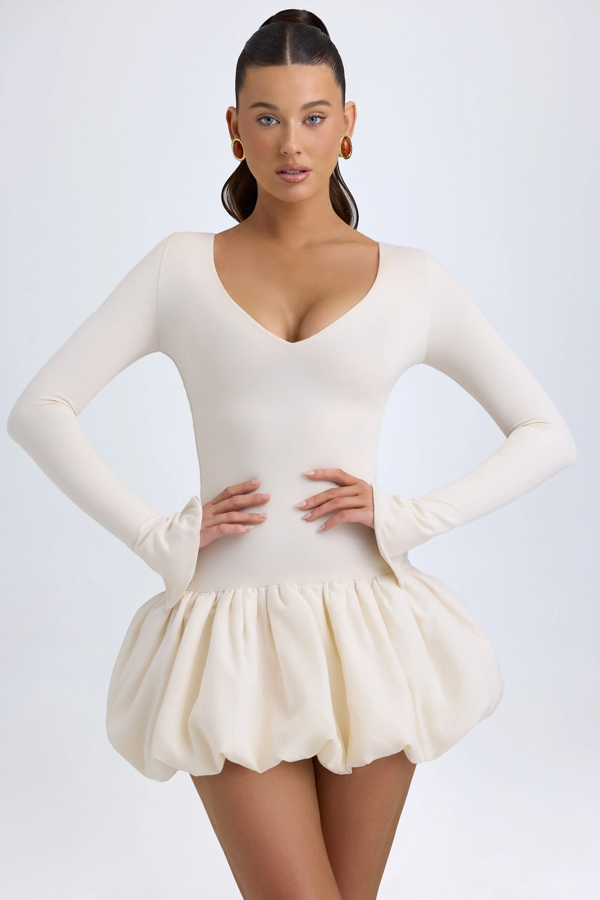 Modal Drop-Waist Bubble Hem Mini Dress in Ivory - Image 5