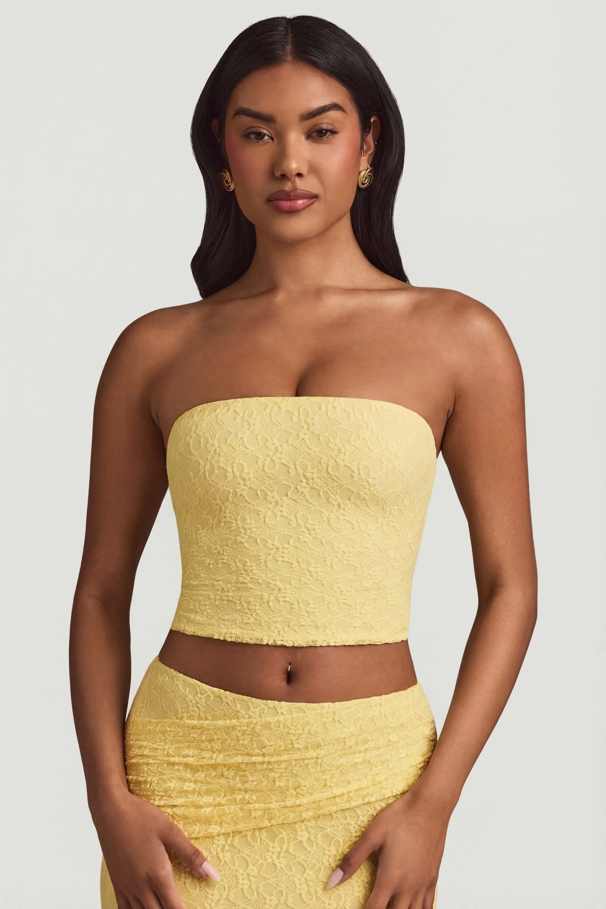 Ruched Strapless Lace Top in Pastel Yellow - Image 7