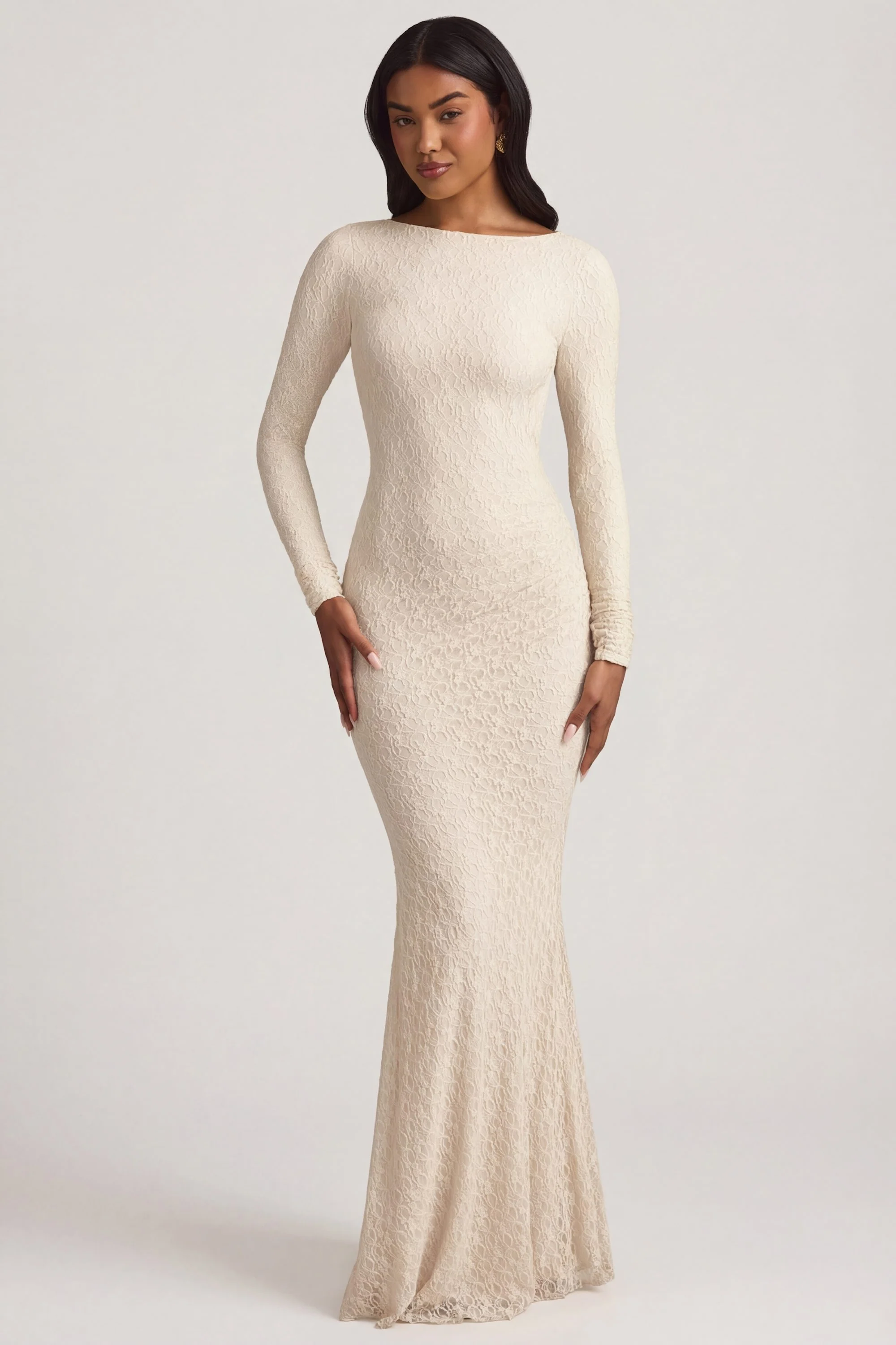 Ruched Backless Lace Maxi Dress in Ivory - Image 2