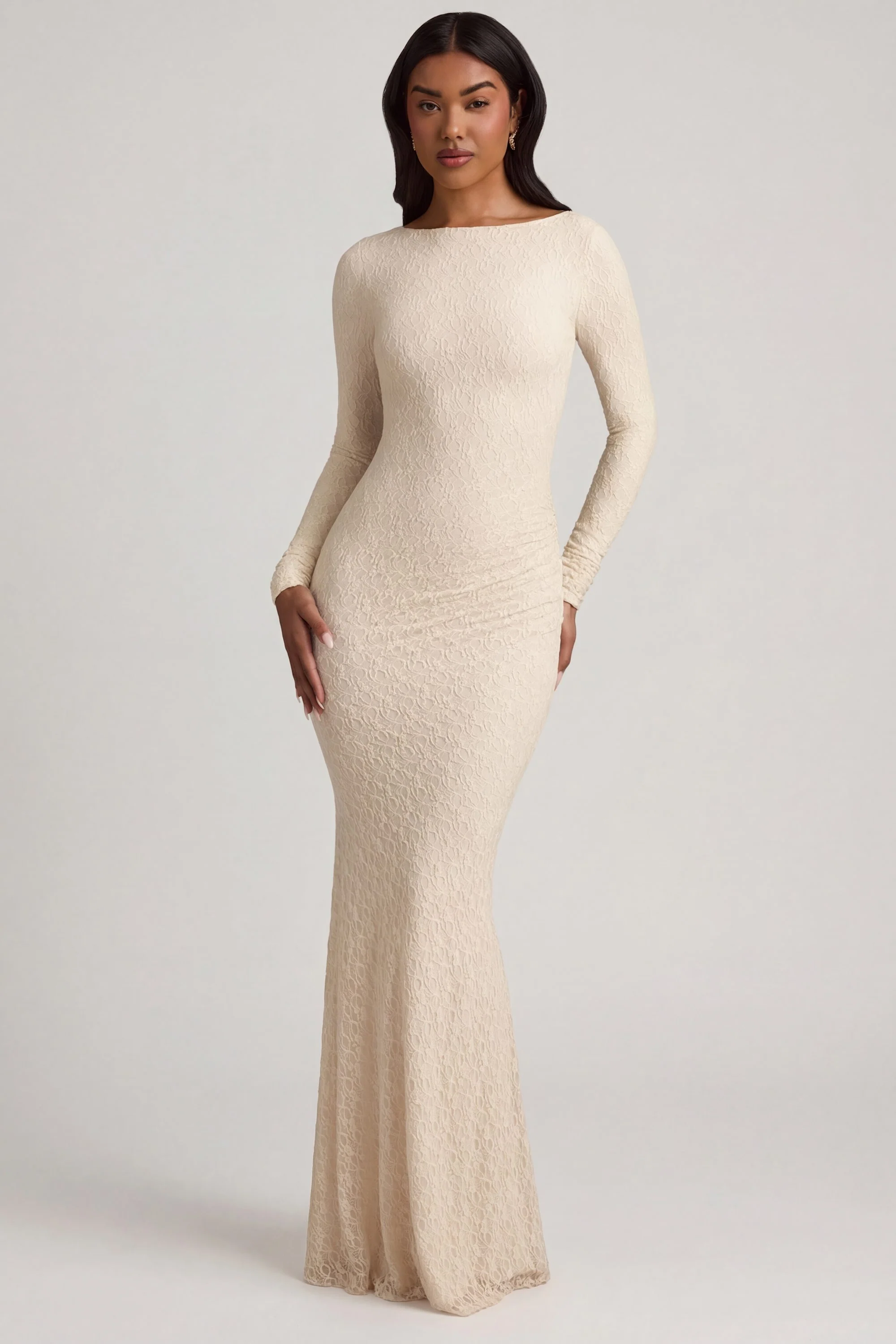 Ruched Backless Lace Maxi Dress in Ivory - Image 7