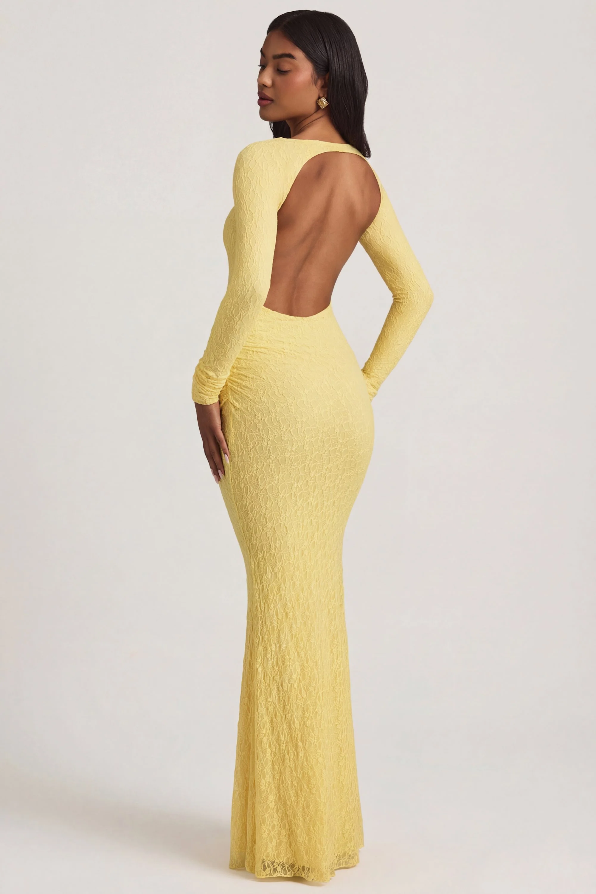 Ruched Backless Lace Maxi Dress in Pastel Yellow - Image 2