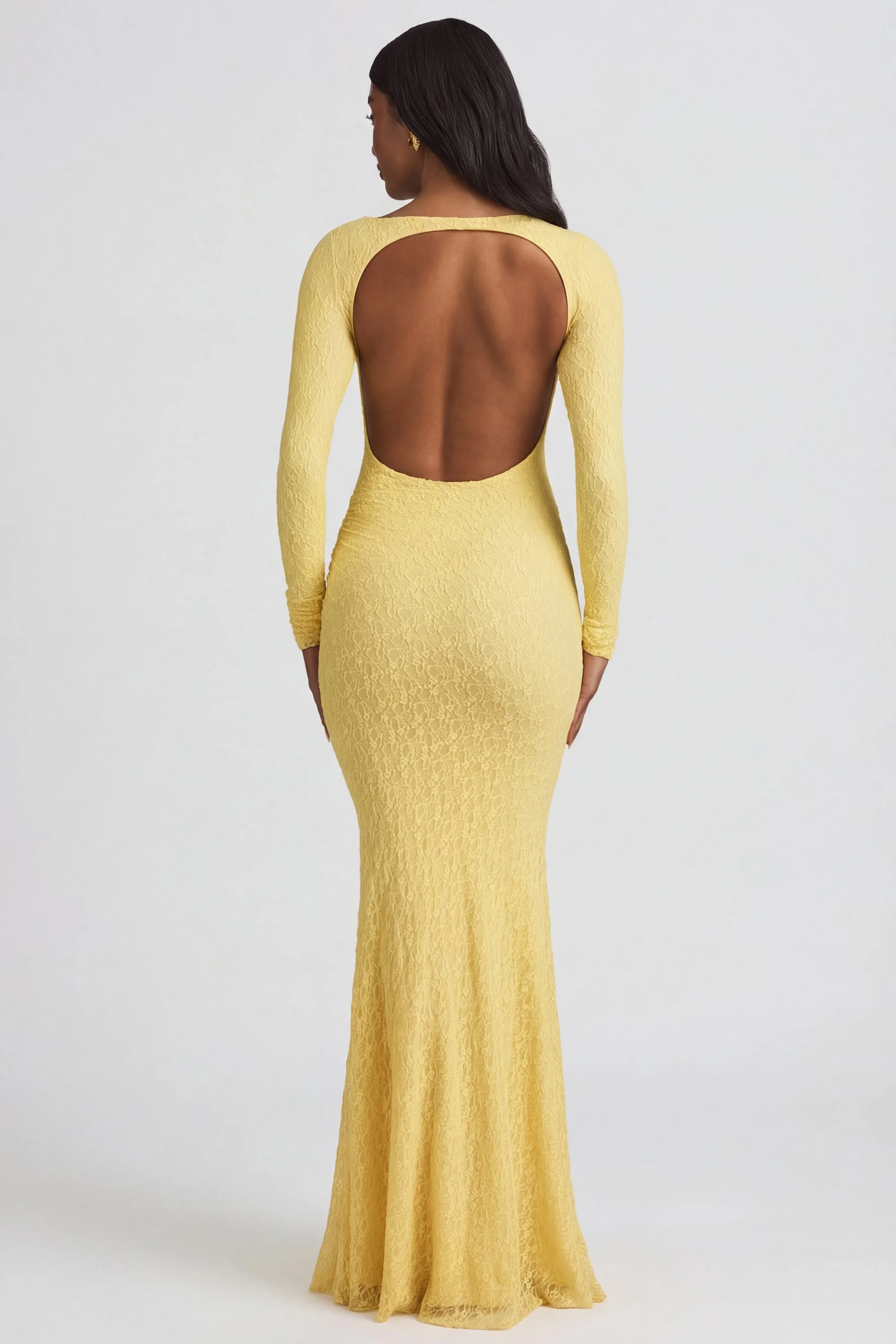 Ruched Backless Lace Maxi Dress in Pastel Yellow - Image 5