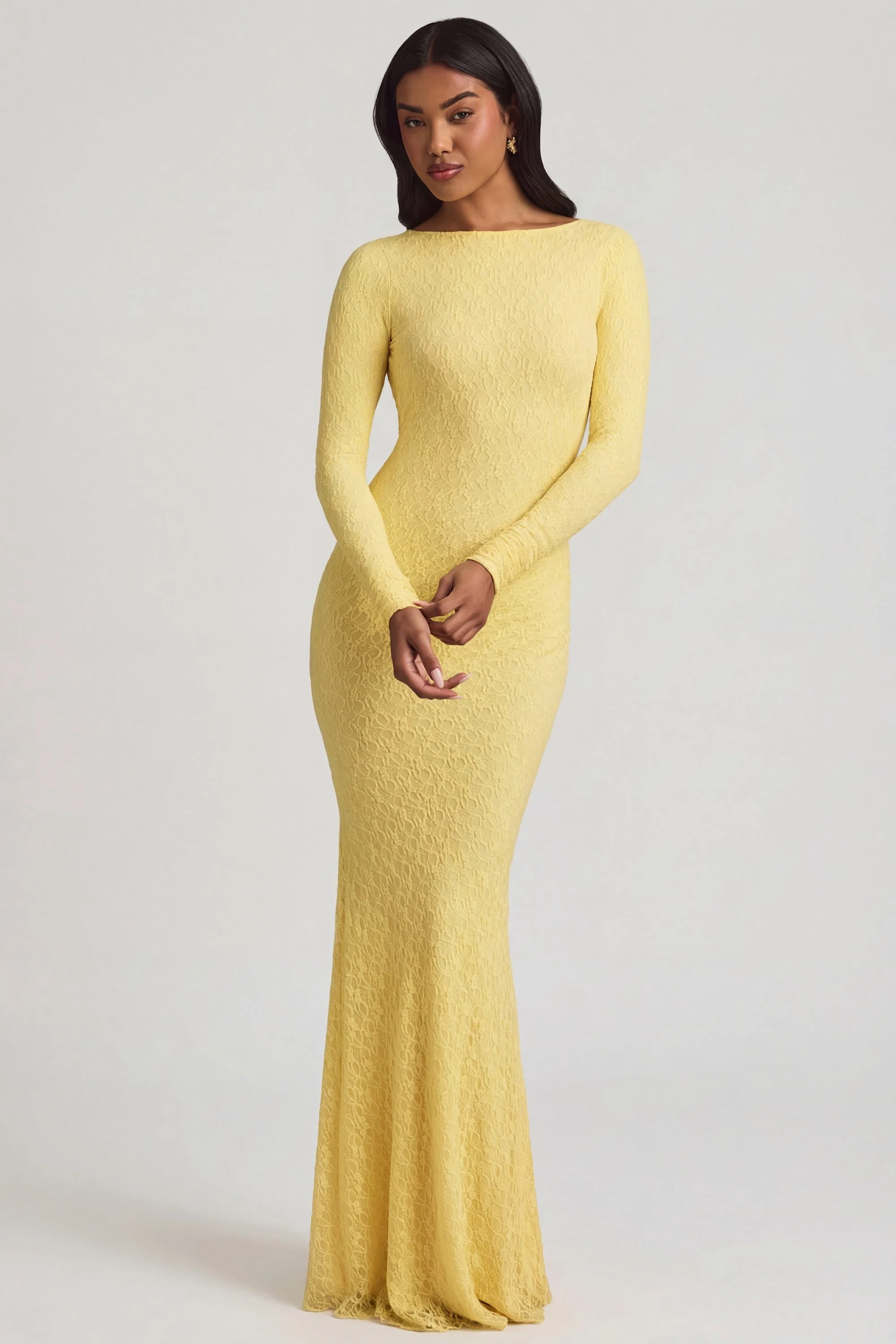 Ruched Backless Lace Maxi Dress in Pastel Yellow - Image 6