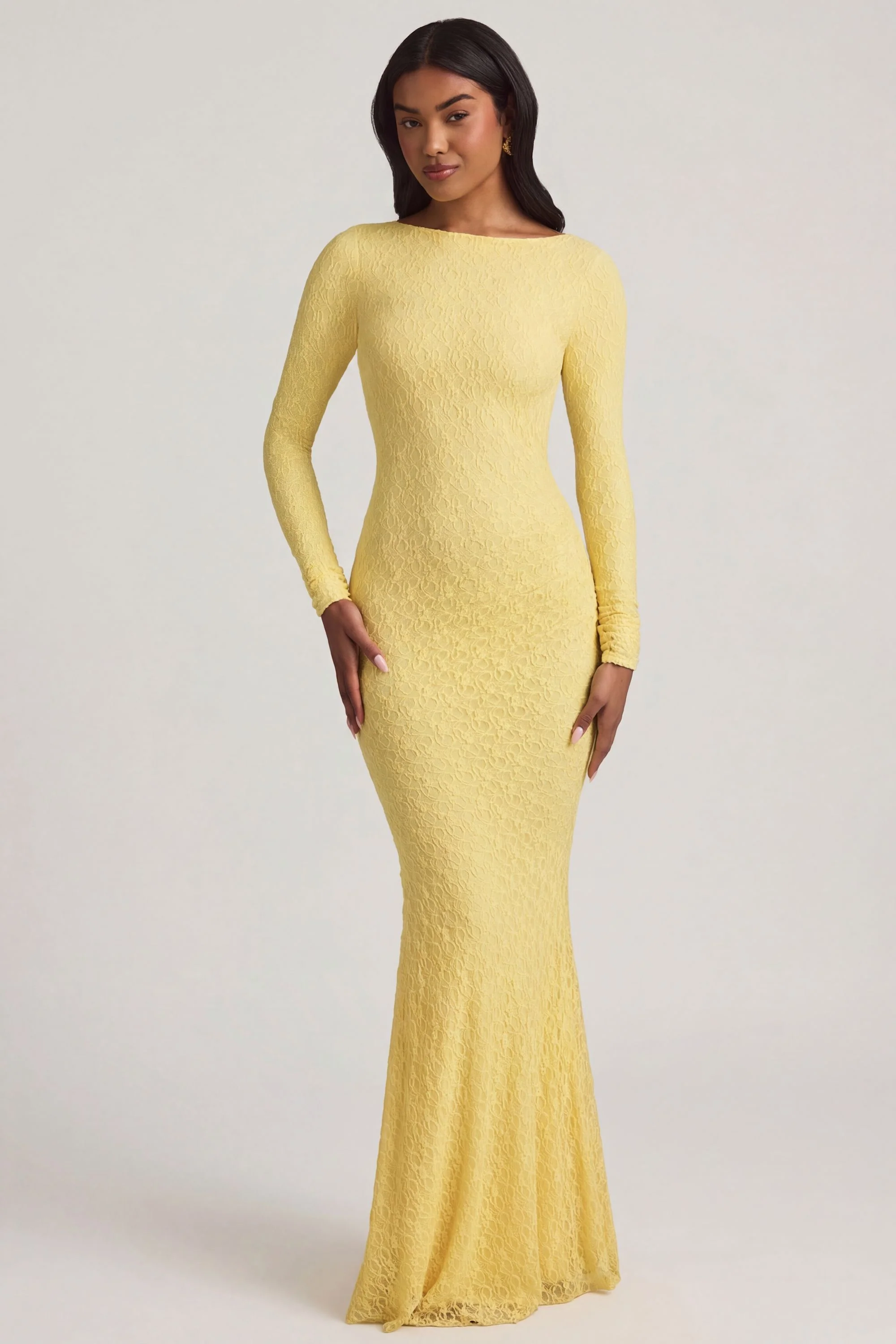Ruched Backless Lace Maxi Dress in Pastel Yellow - Image 7