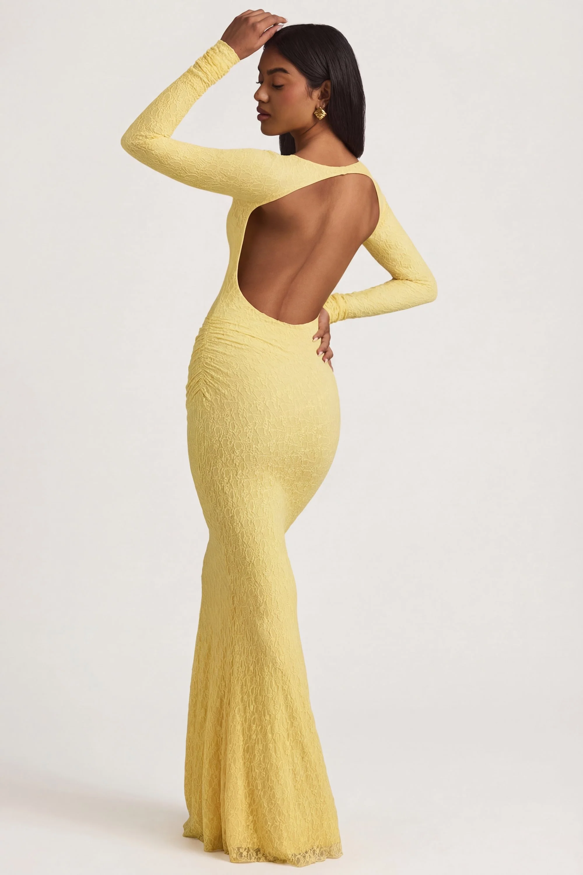 Ruched Backless Lace Maxi Dress in Pastel Yellow - Image 8