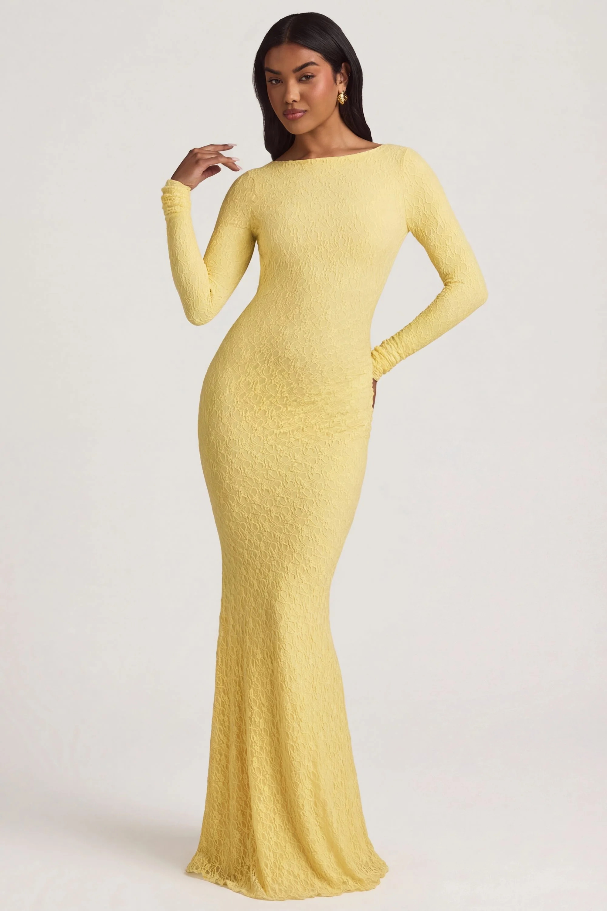 Ruched Backless Lace Maxi Dress in Pastel Yellow - Image 9