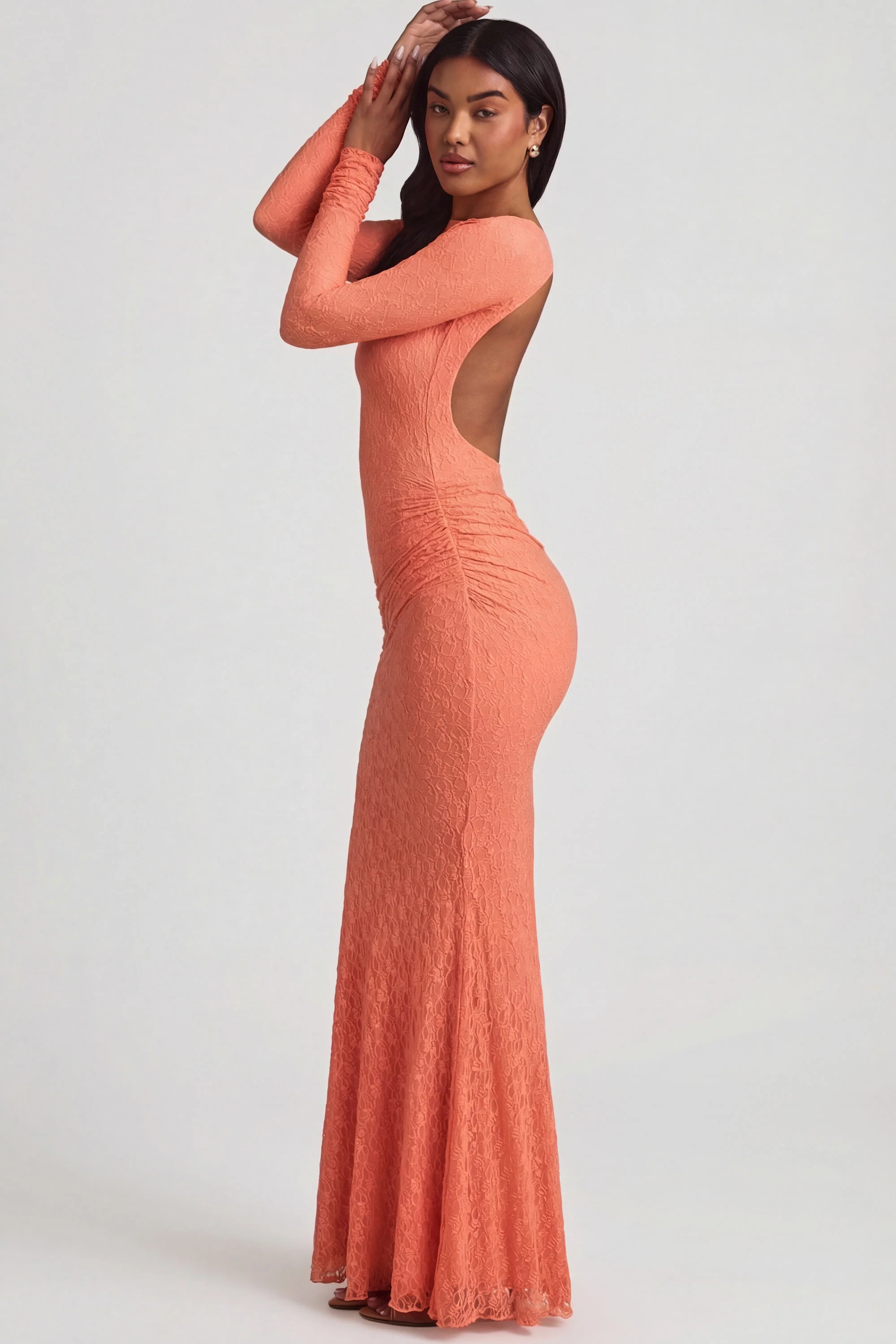 Ruched Backless Lace Maxi Dress in Peach - Image 3