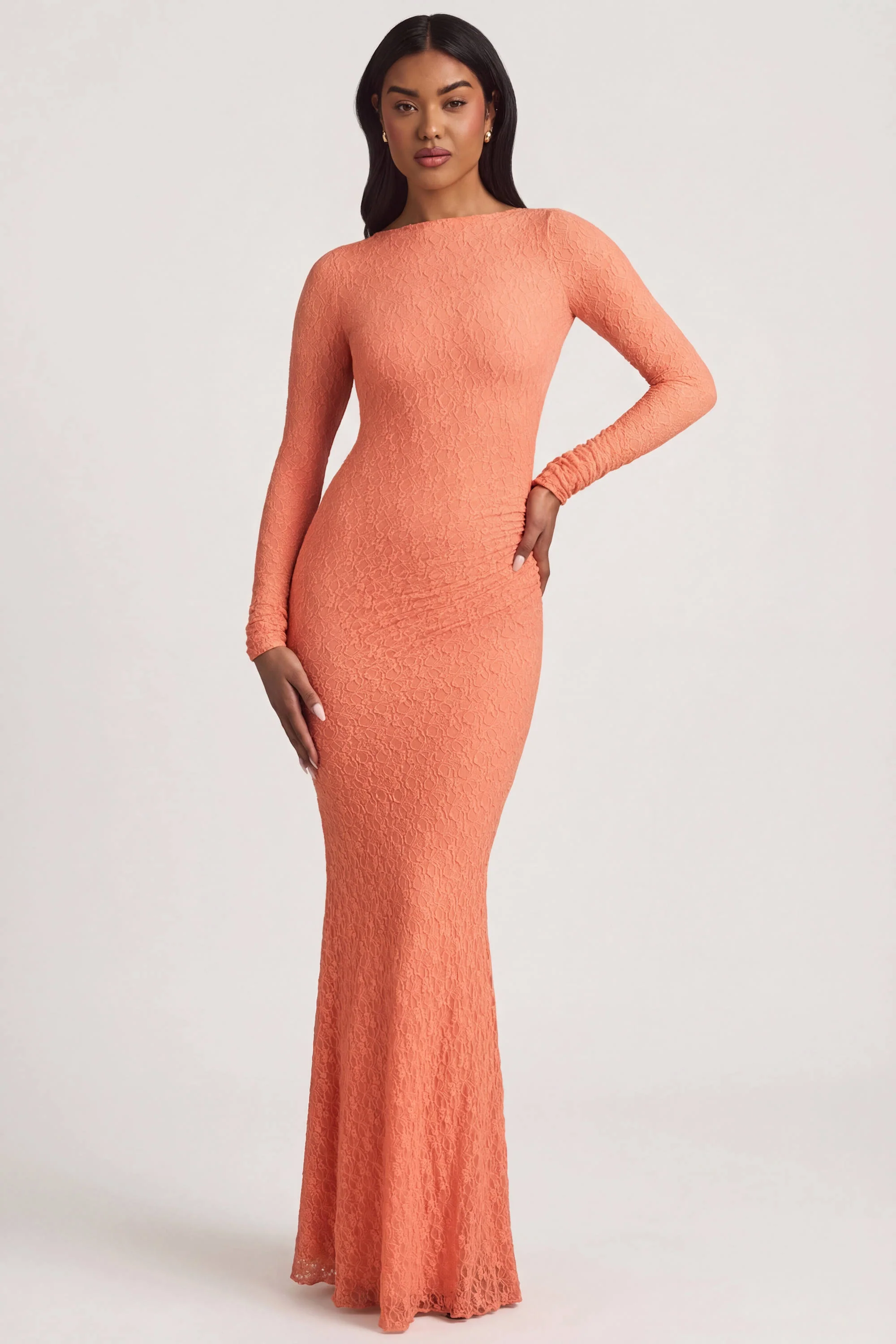 Ruched Backless Lace Maxi Dress in Peach - Image 5