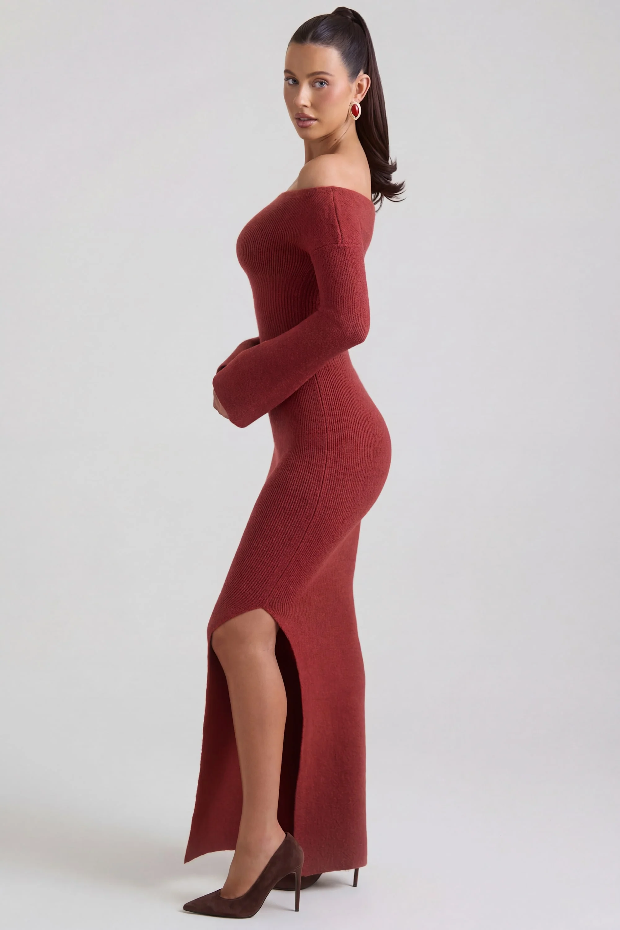 Ribbed-Knit Off-Shoulder Maxi Dress in Brick Red - Image 3