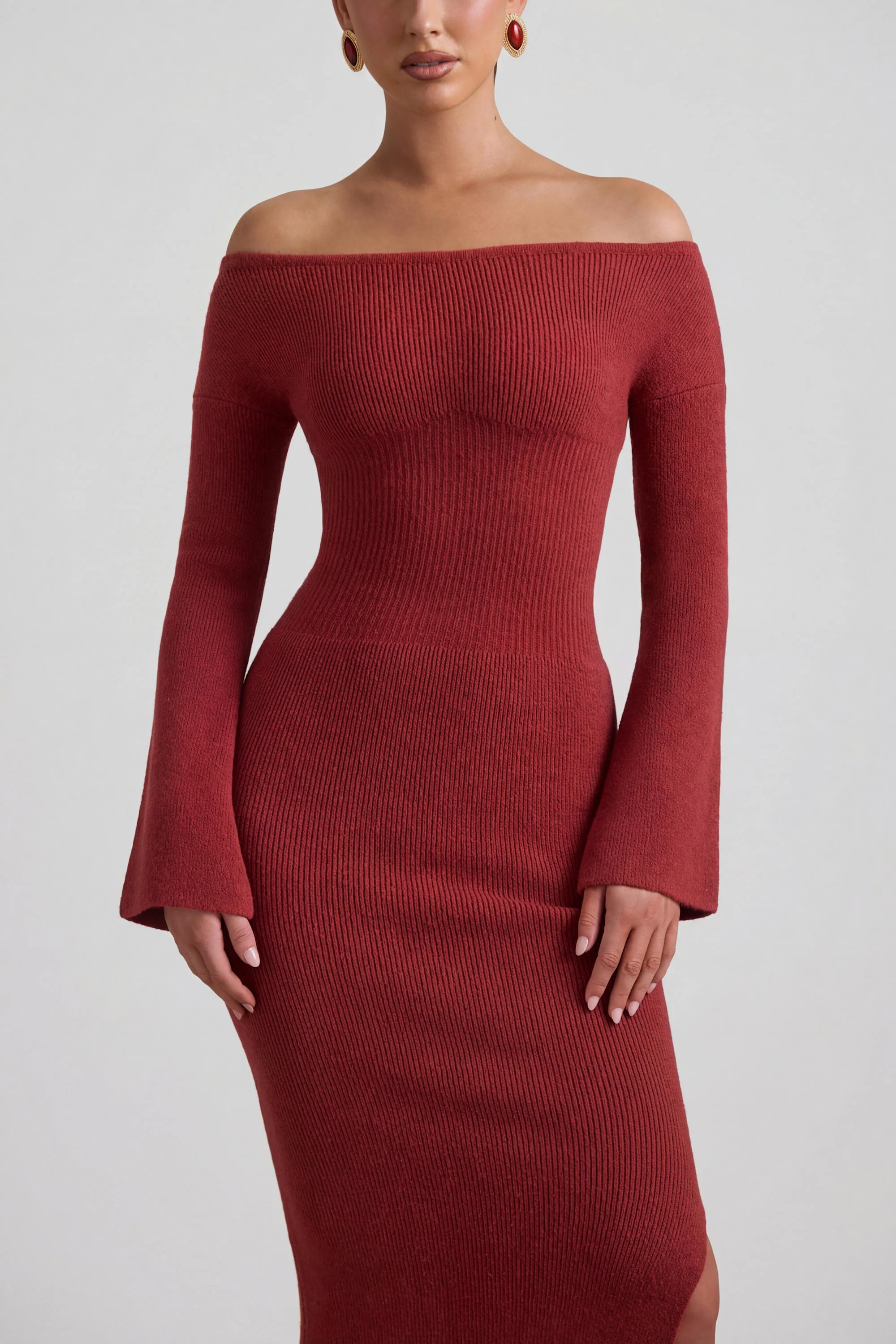 Ribbed-Knit Off-Shoulder Maxi Dress in Brick Red - Image 4