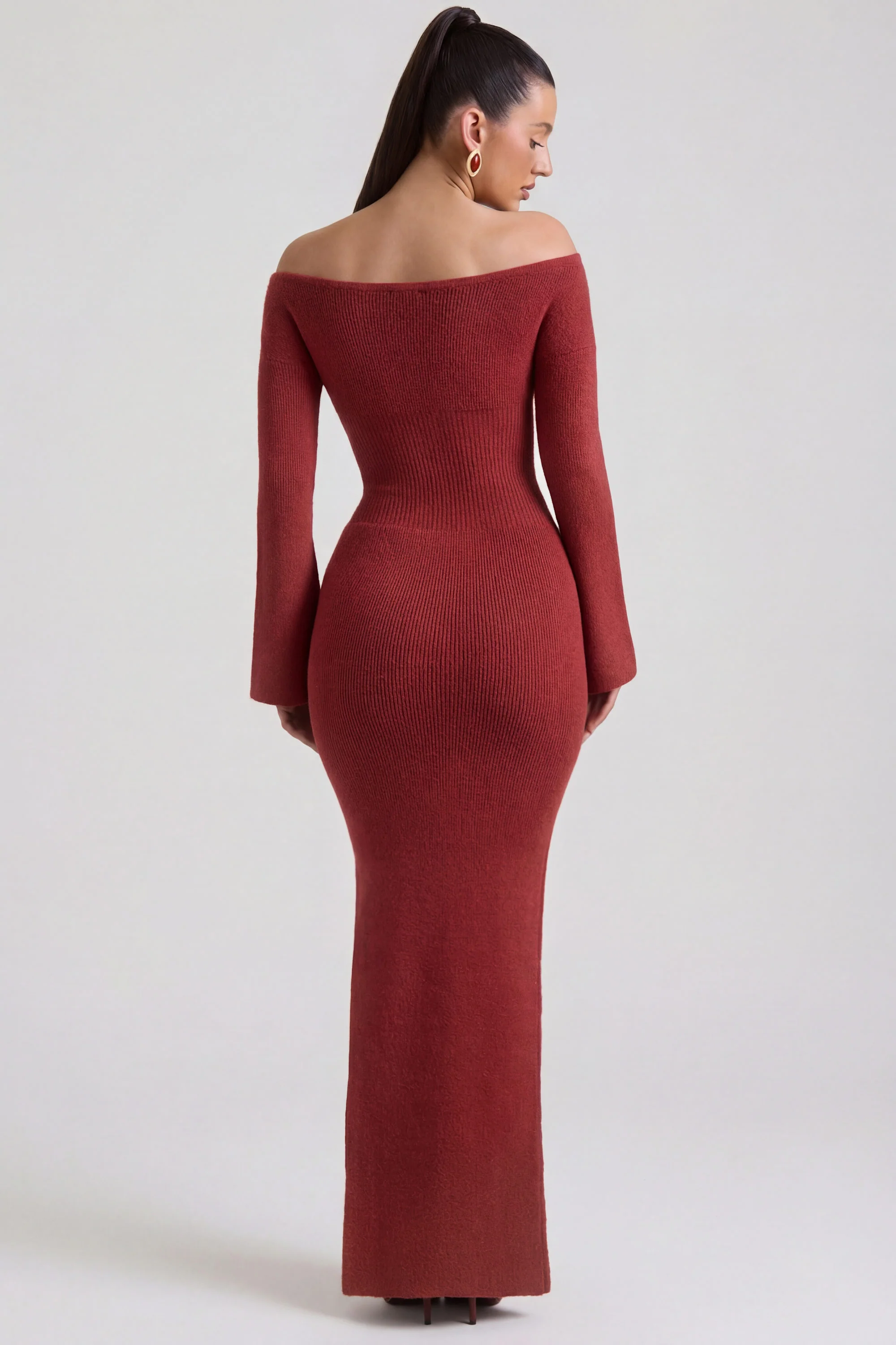 Ribbed-Knit Off-Shoulder Maxi Dress in Brick Red - Image 5