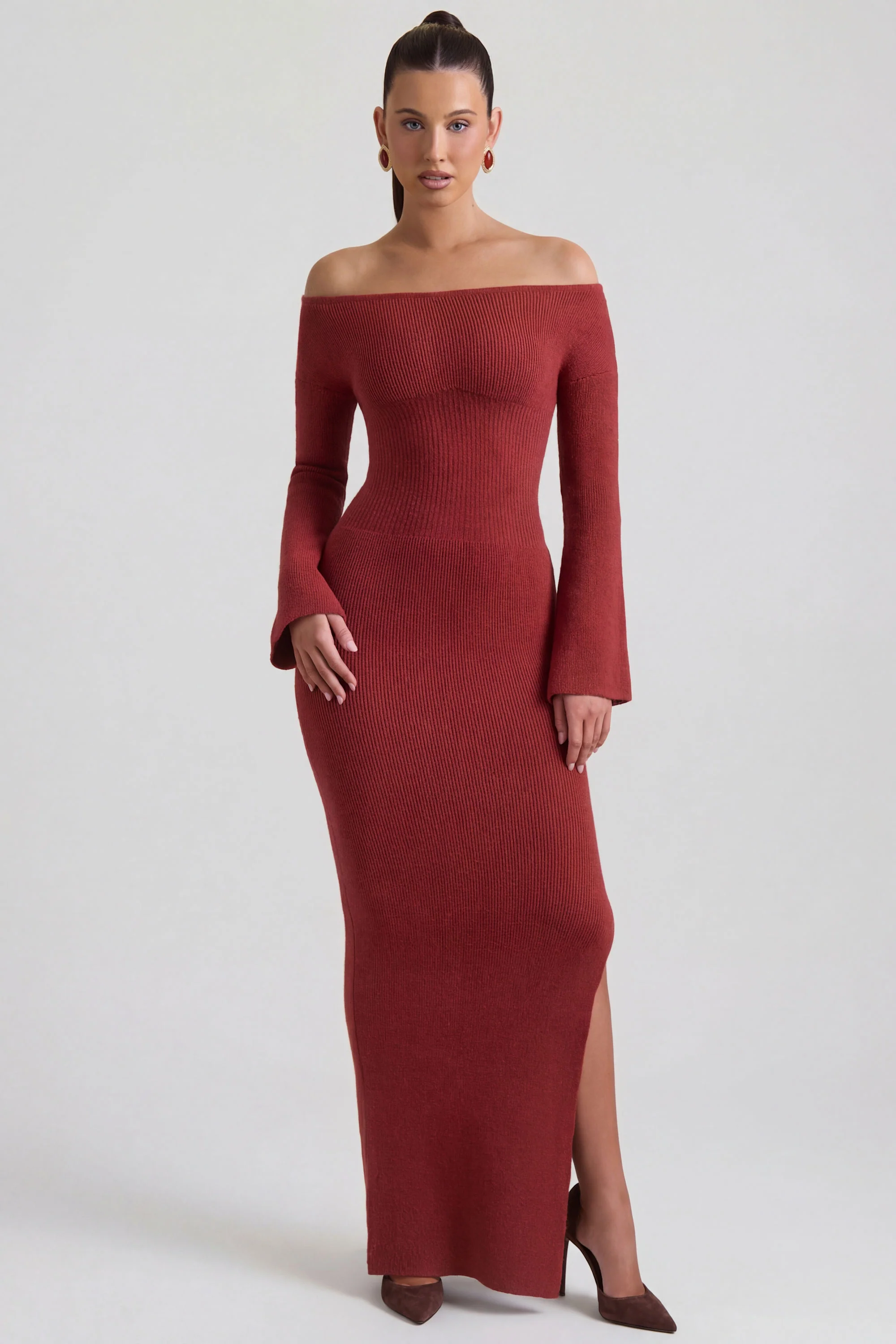Ribbed-Knit Off-Shoulder Maxi Dress in Brick Red - Image 6