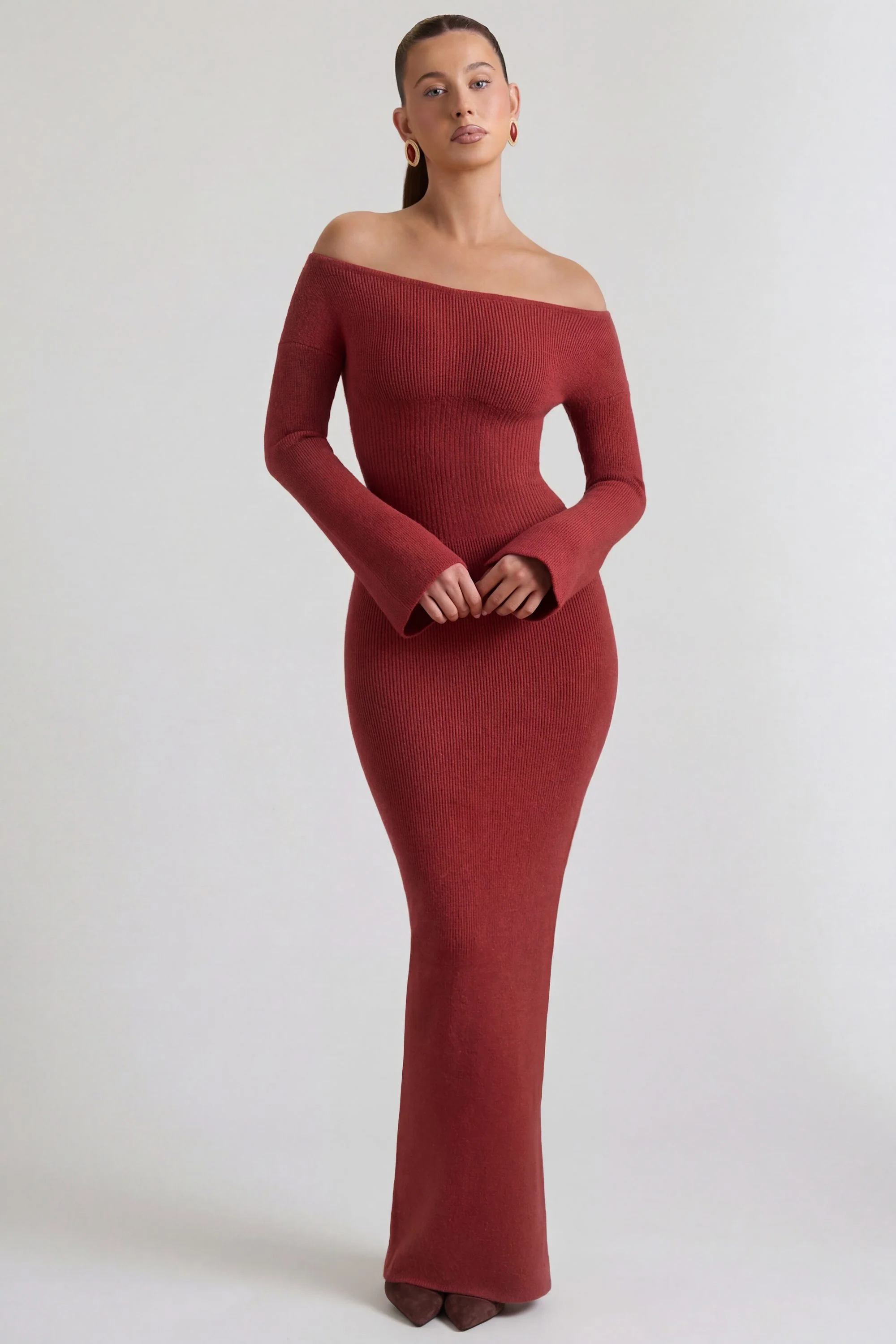 Ribbed-Knit Off-Shoulder Maxi Dress in Brick Red - Image 8