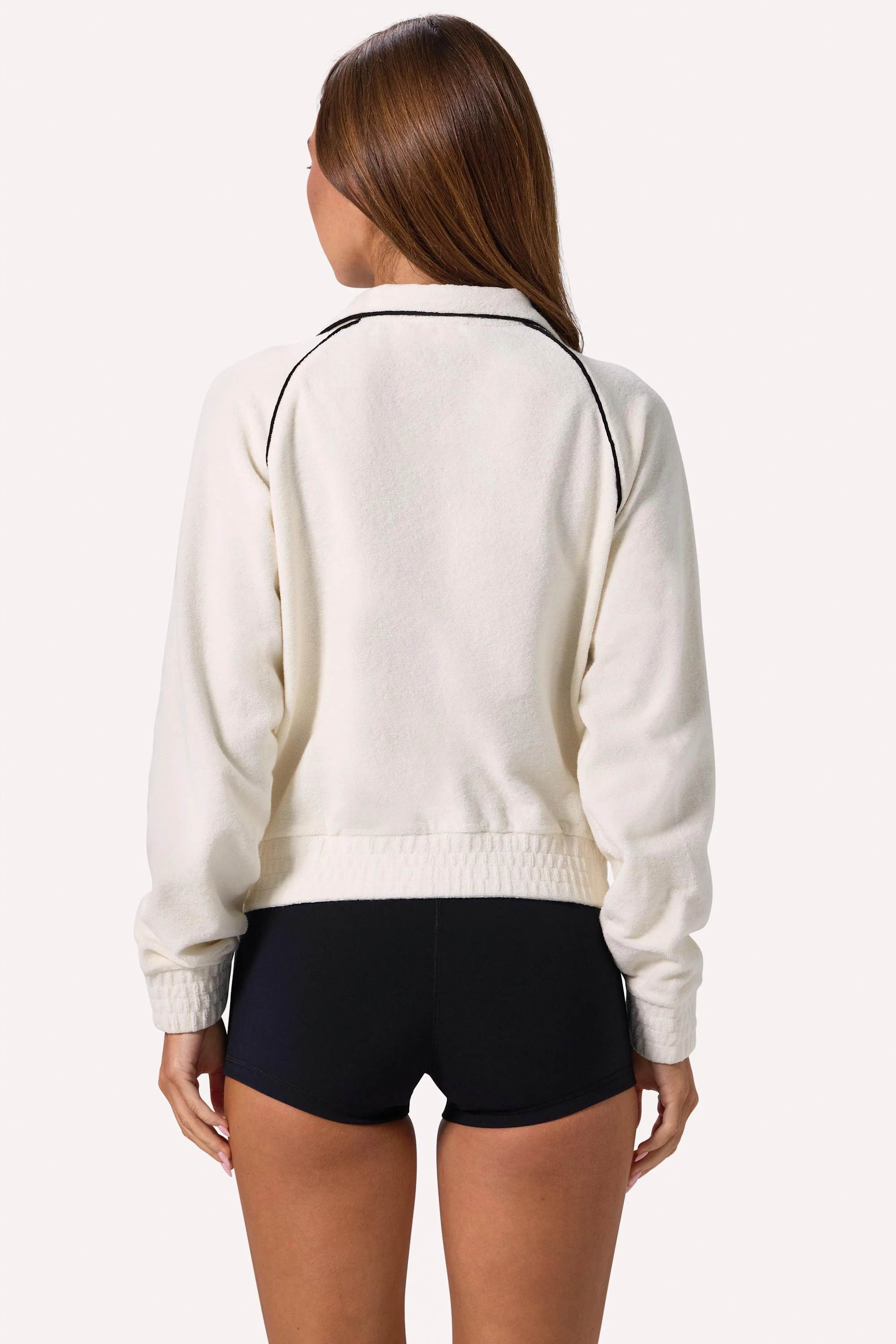 Terry Towelling Zip-Up Cropped Sweatshirt in Ivory - Image 2