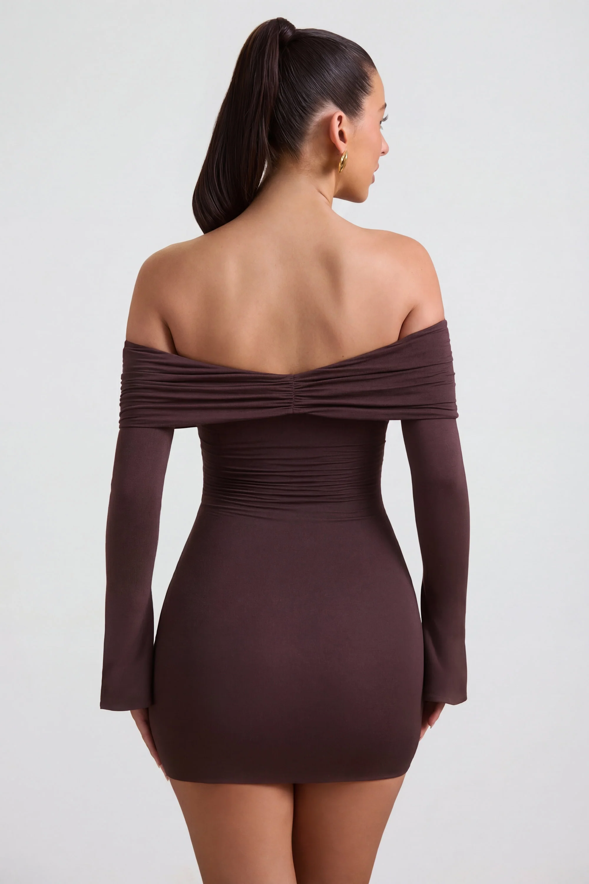 Modal-Cashmere Blend Off-Shoulder Ruched Mini Dress in Espresso - Image 2