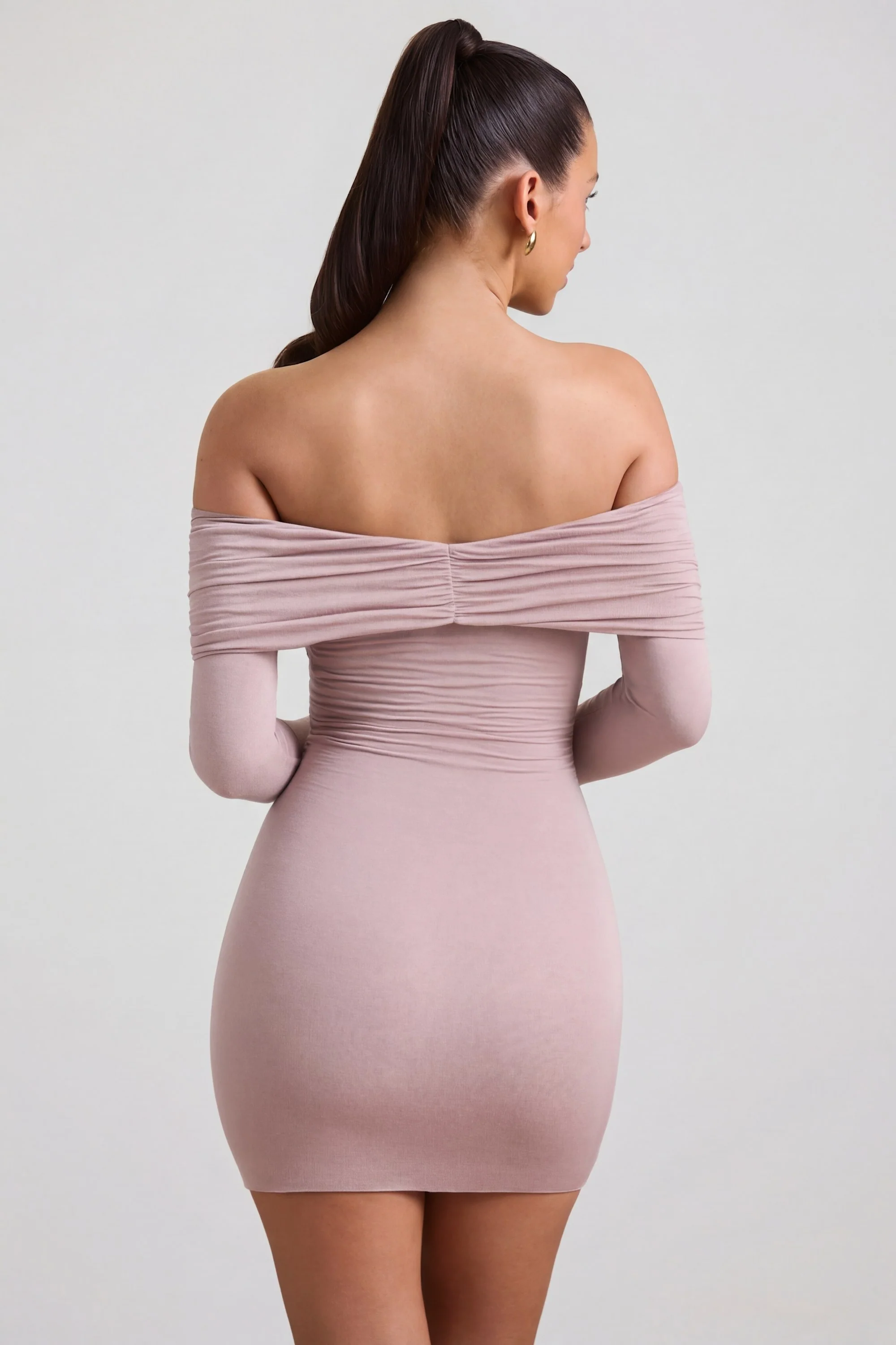 Modal-Cashmere Blend Off-Shoulder Ruched Mini Dress in Taupe - Image 2