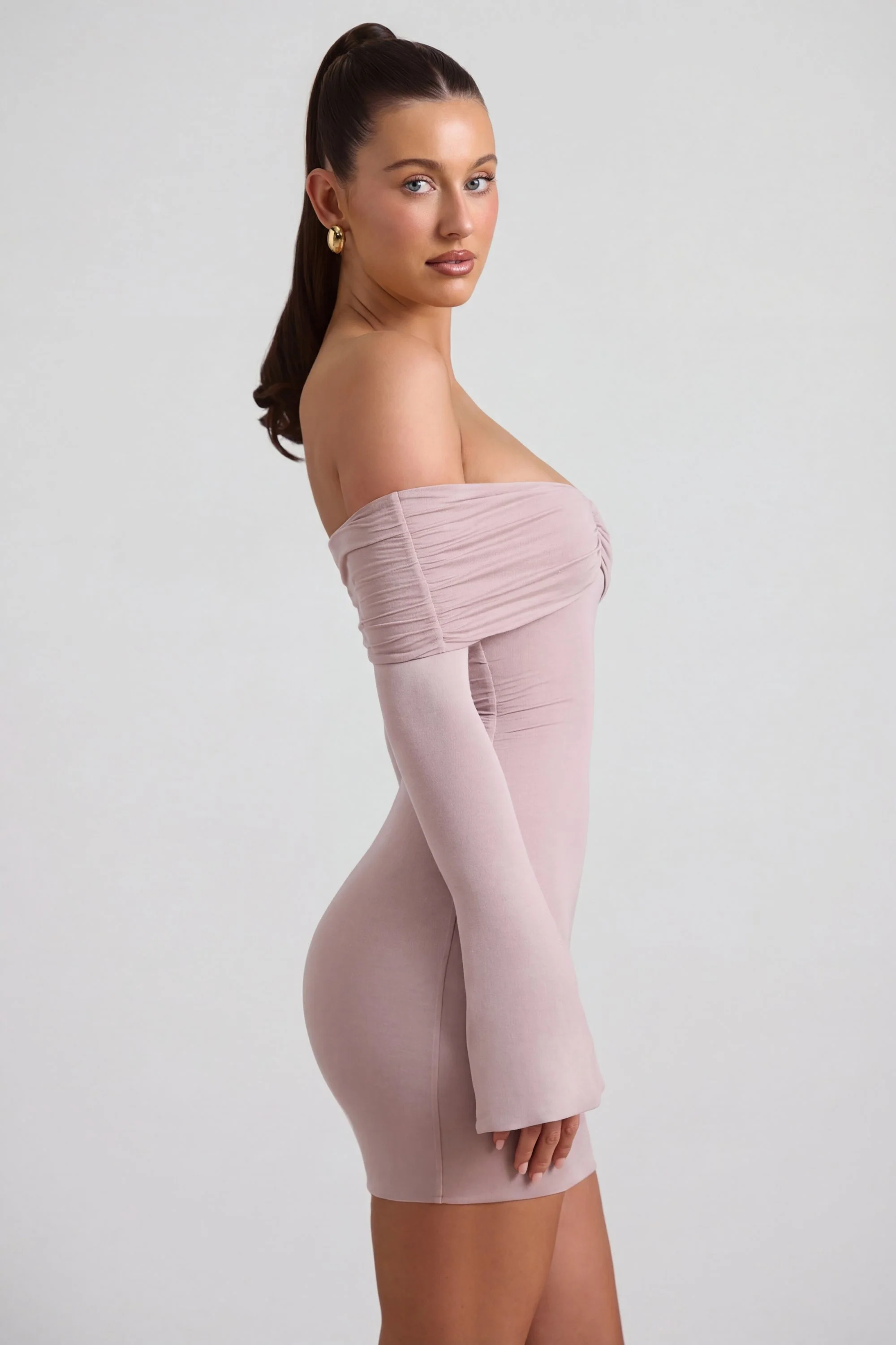 Modal-Cashmere Blend Off-Shoulder Ruched Mini Dress in Taupe - Image 3