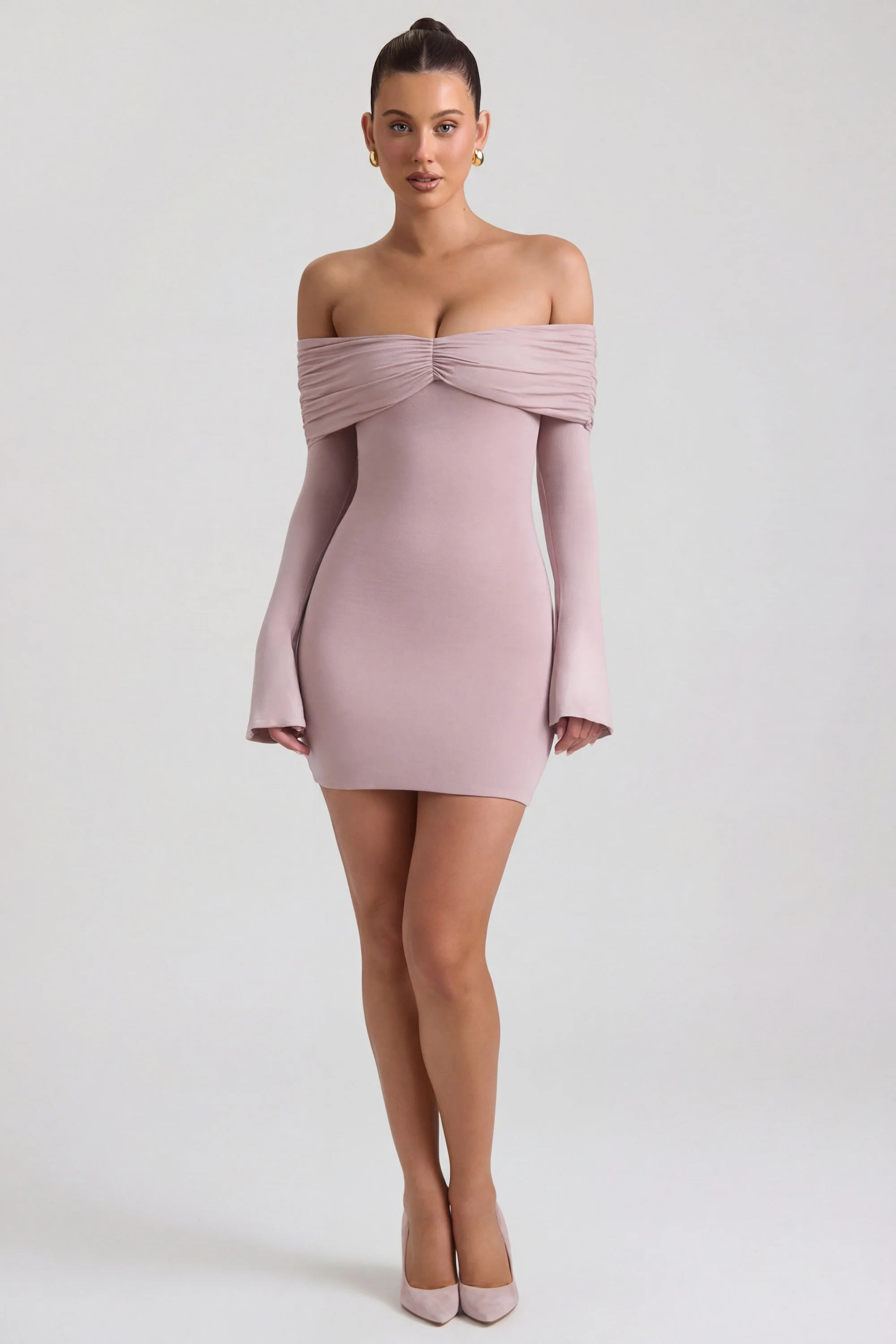 Modal-Cashmere Blend Off-Shoulder Ruched Mini Dress in Taupe - Image 6