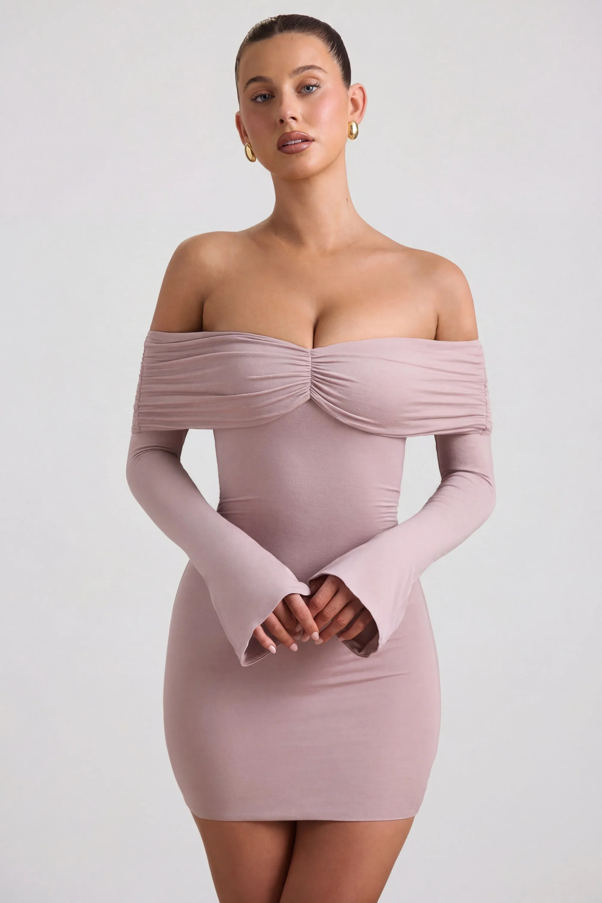 Modal-Cashmere Blend Off-Shoulder Ruched Mini Dress in Taupe - Image 7