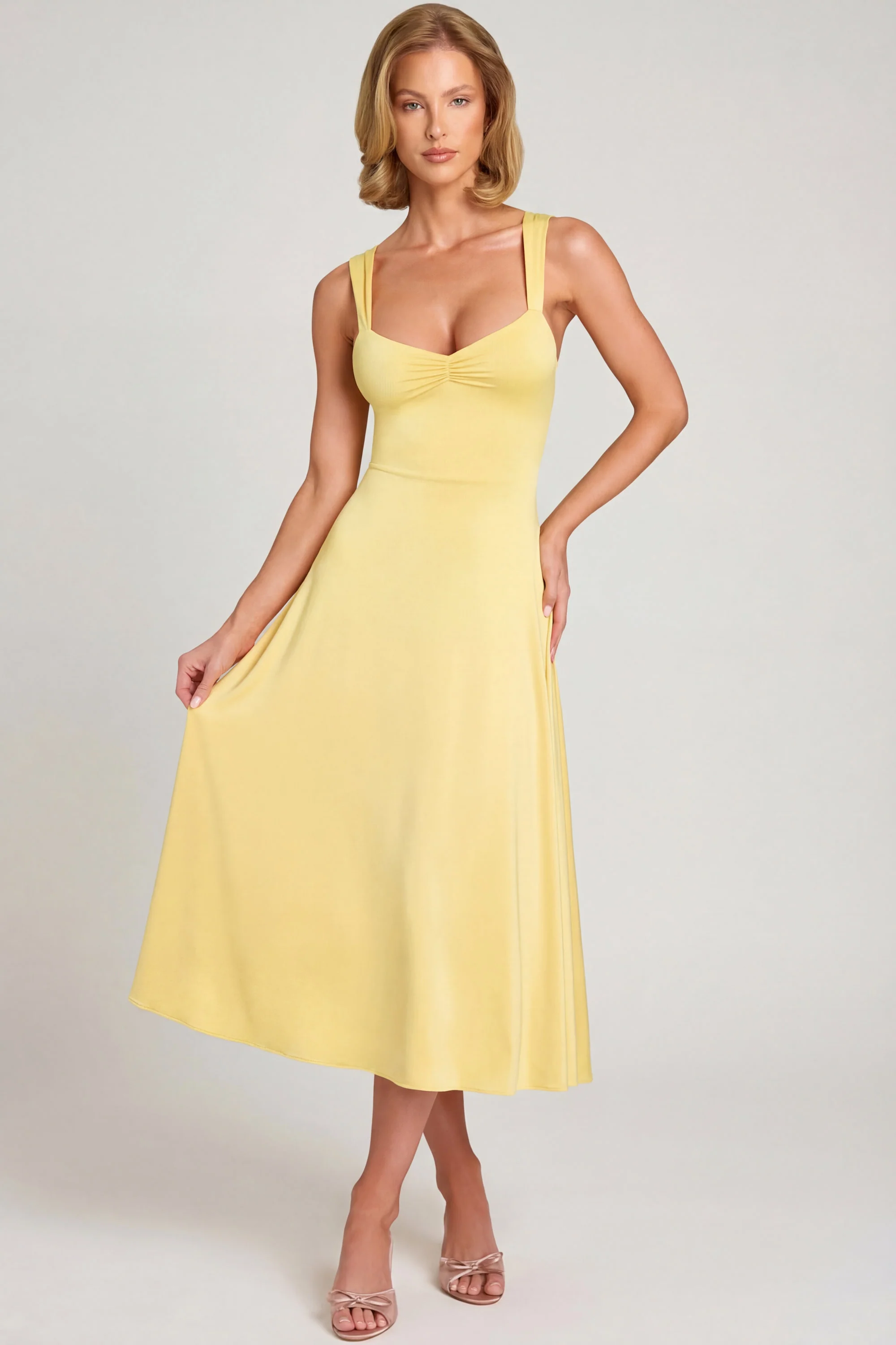 Sweetheart-Neck Ruched Midaxi Dress in Pastel Yellow - Image 7