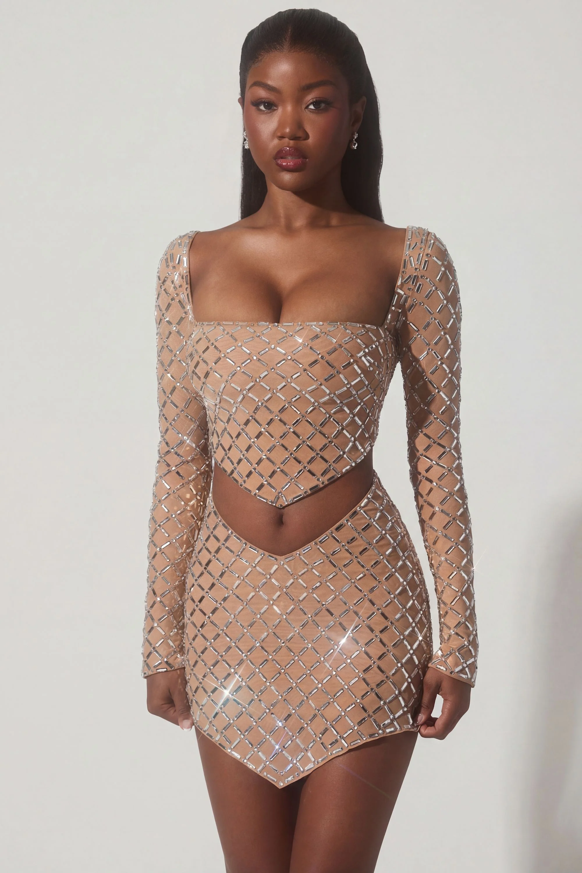 Embellished Asymmetric Crop Top in Almond - Image 7