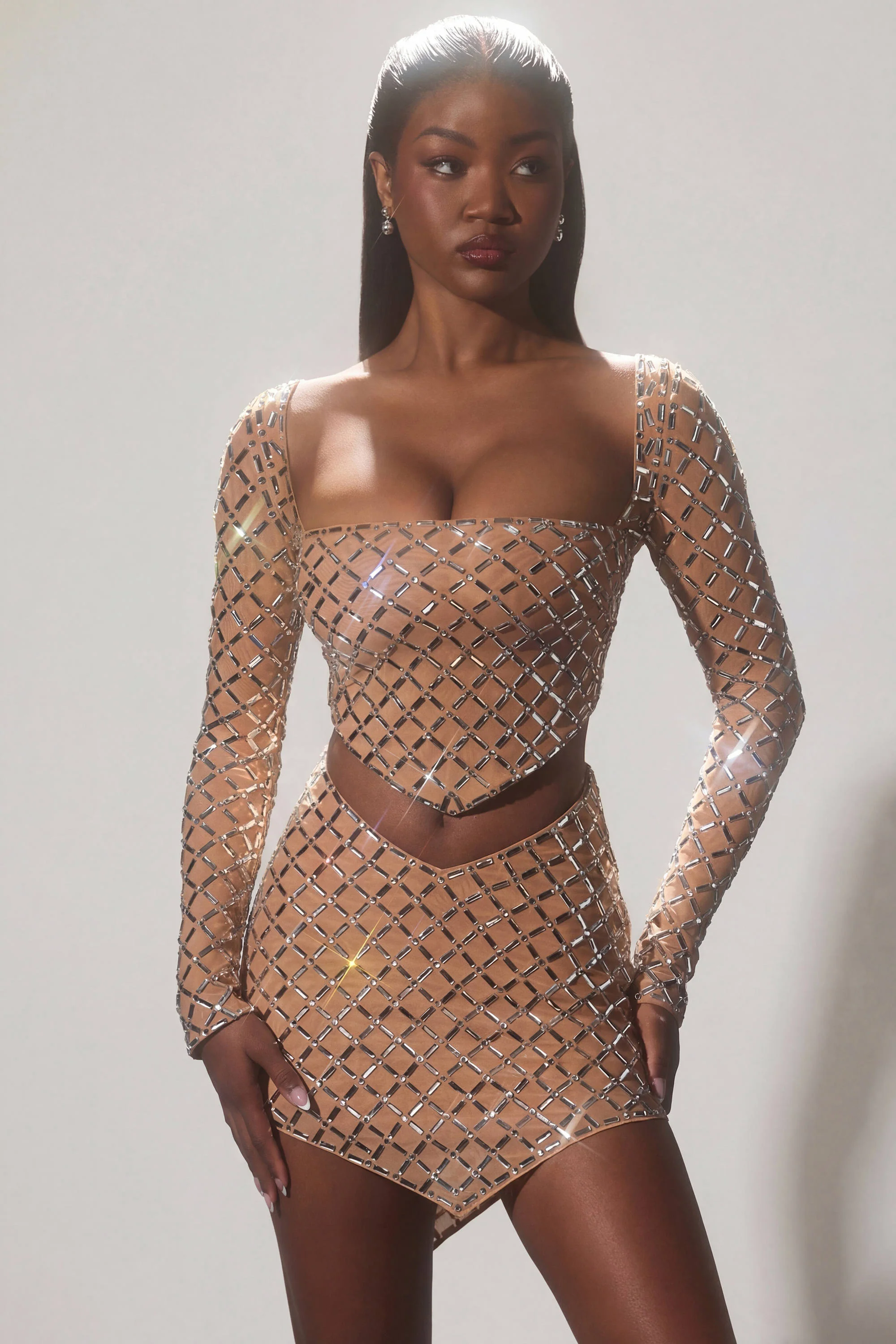 Embellished Asymmetric Crop Top in Almond - Image 8