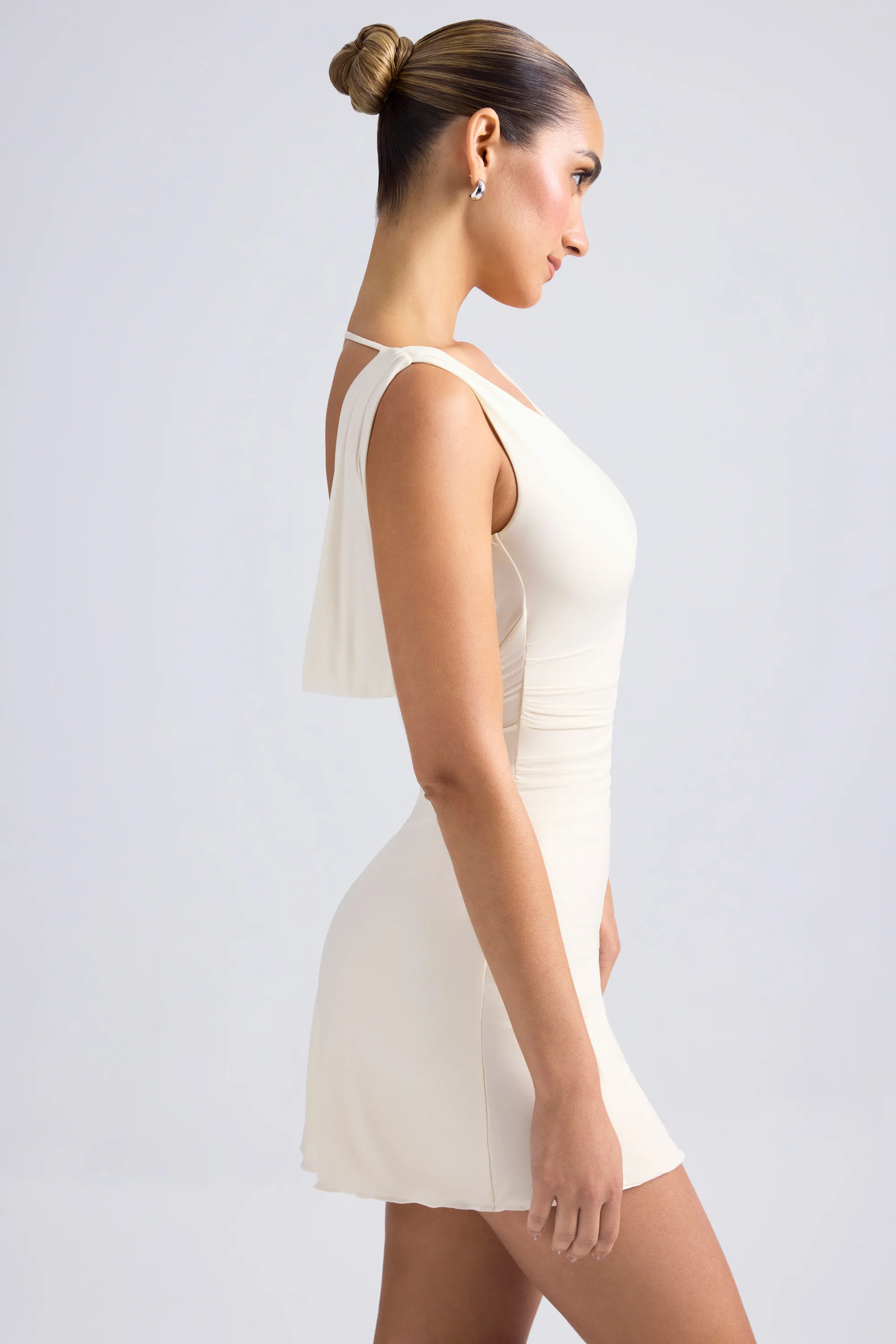 Off-Shoulder Cowl-Back A-Line Mini Dress in Ivory - Image 3