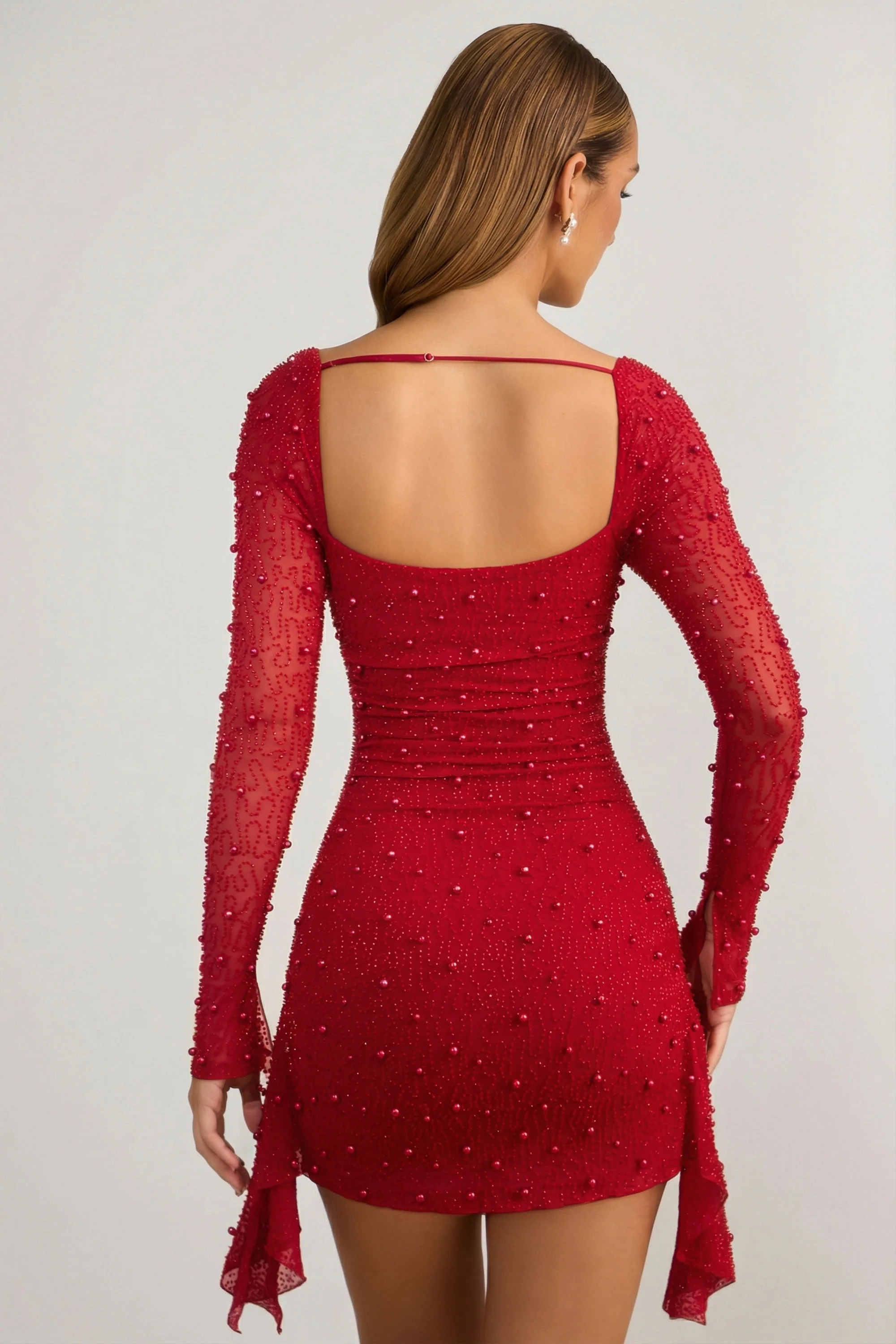 Embellished Cowl-Neck Draped Mini Dress in True Red - Image 2