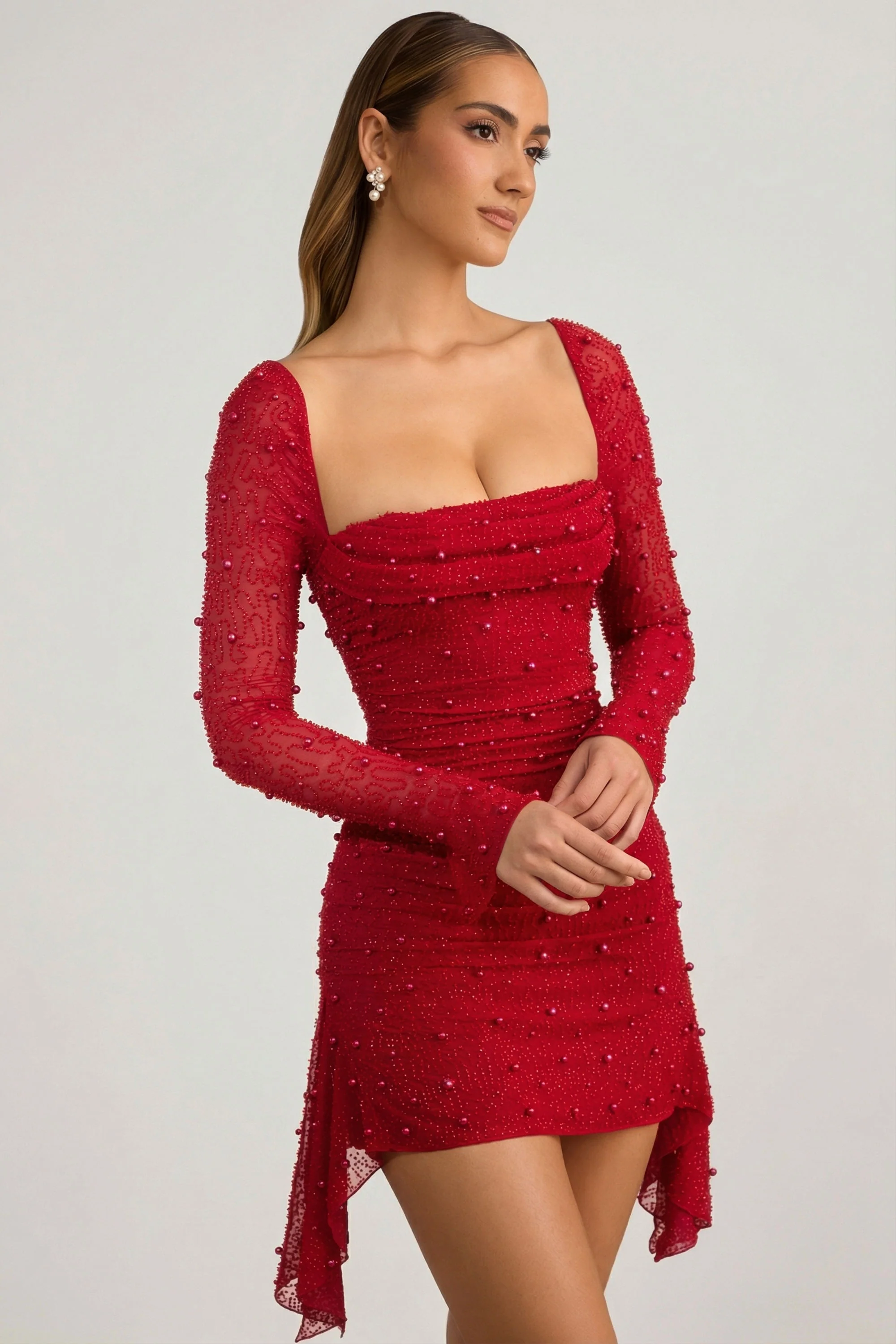 Embellished Cowl-Neck Draped Mini Dress in True Red - Image 6