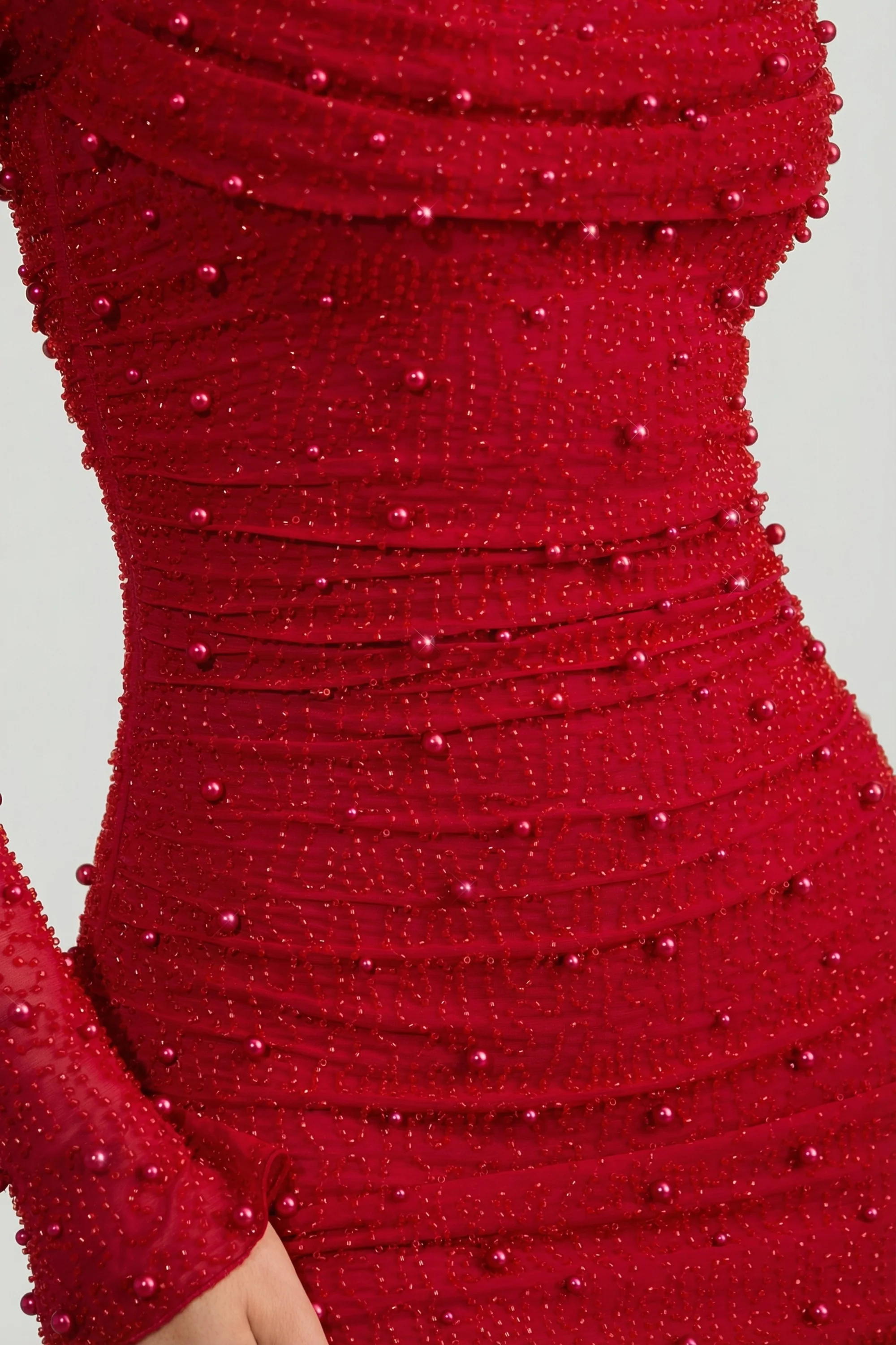 Embellished Cowl-Neck Draped Mini Dress in True Red - Image 8