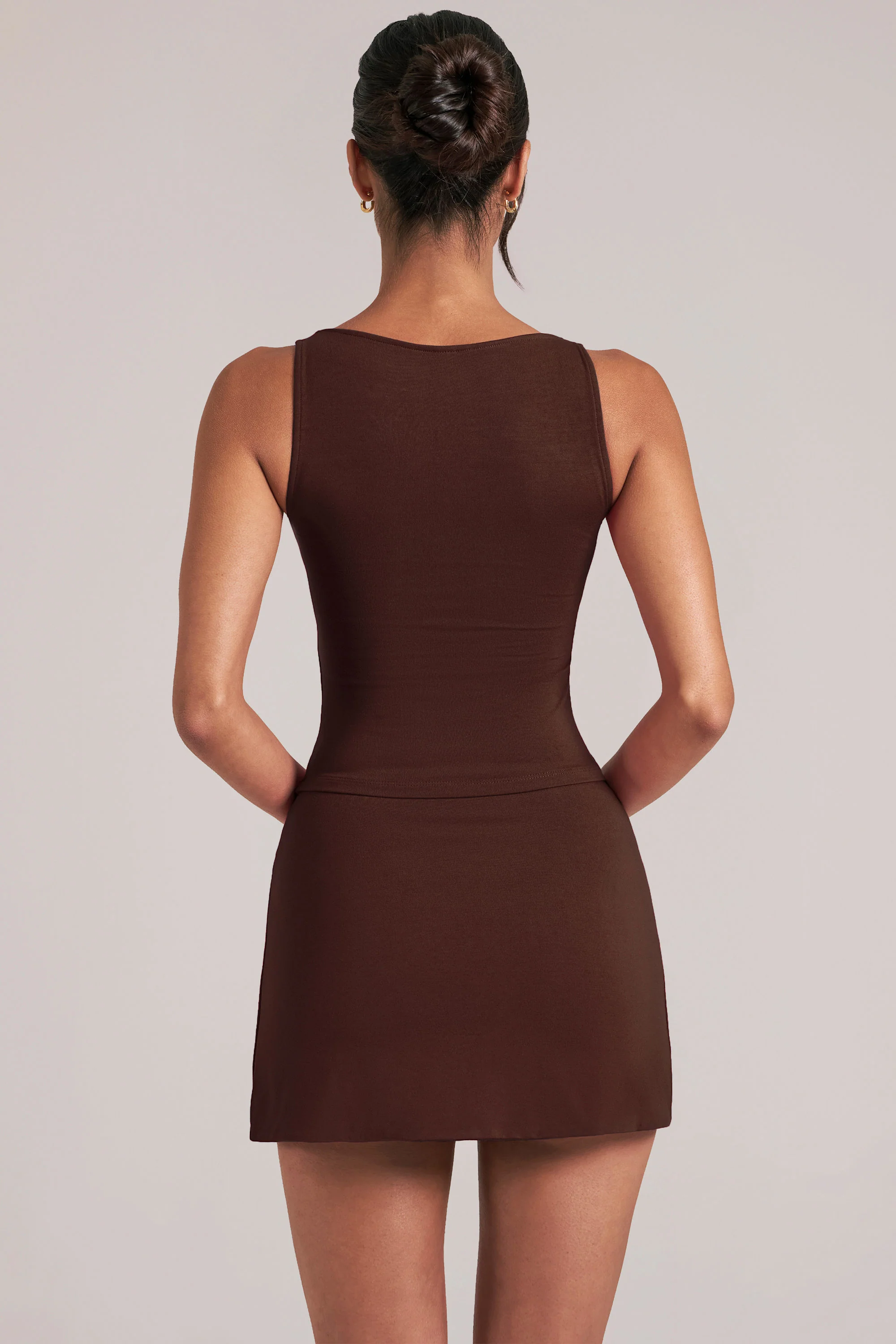 Mid-Rise Bodycon Ultra Mini Skirt with Split in Chocolate Brown - Image 2