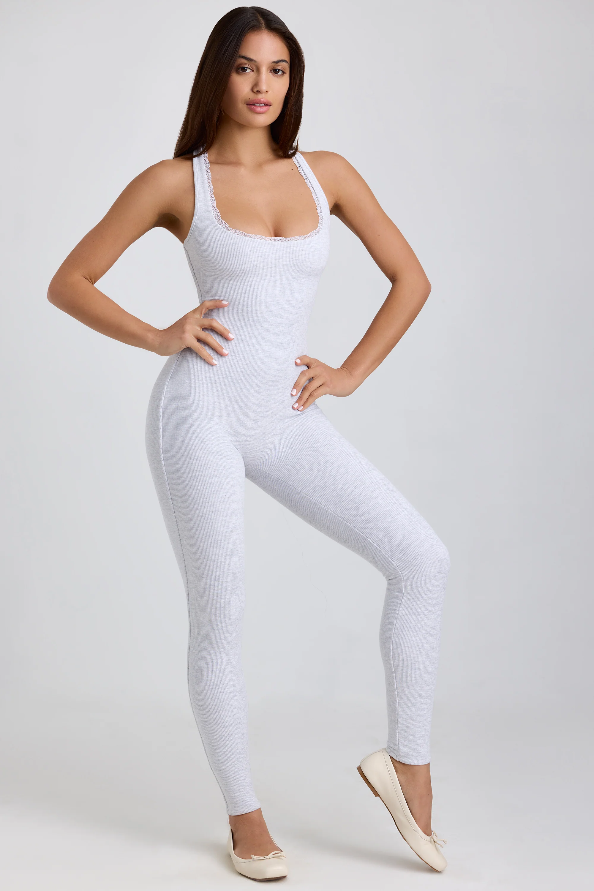 Ribbed Modal Lace-Trim Jumpsuit in Grey - Image 6