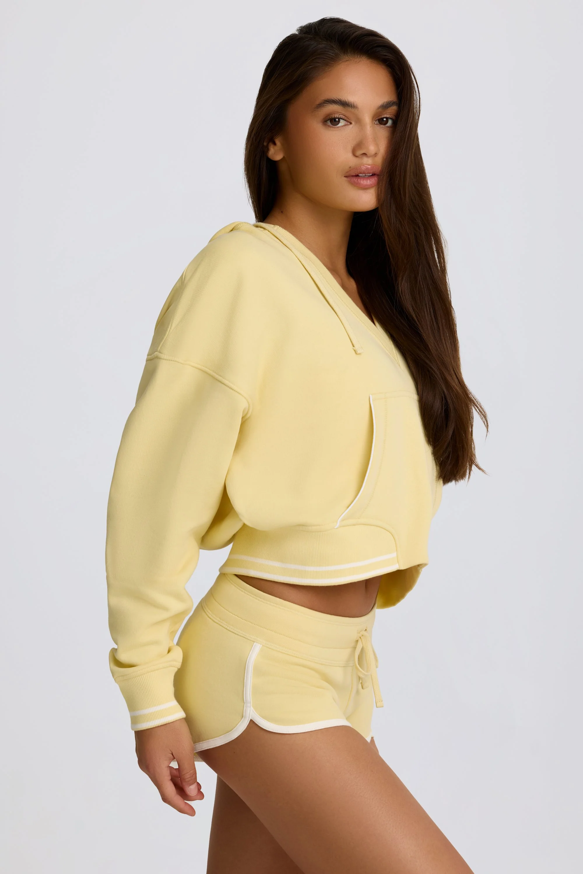 Cotton Jersey V-Neck Hoodie in Lemon - Image 3