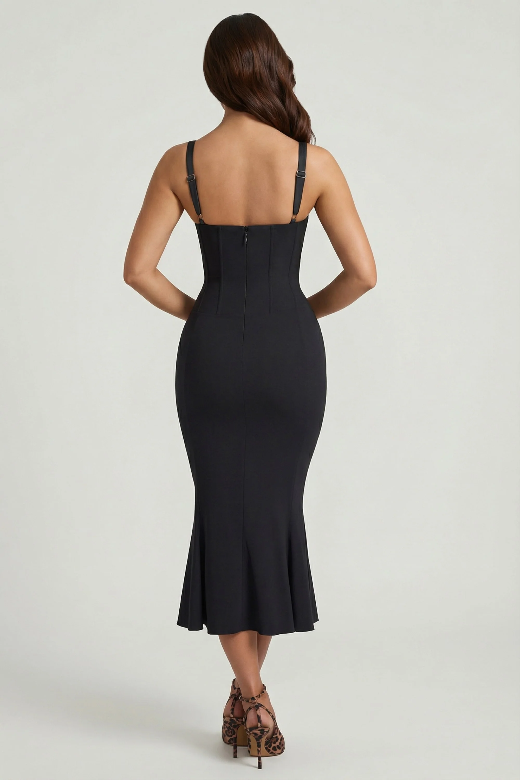 Layered Bra-Detail Fishtail Midaxi Dress in Black - Image 2