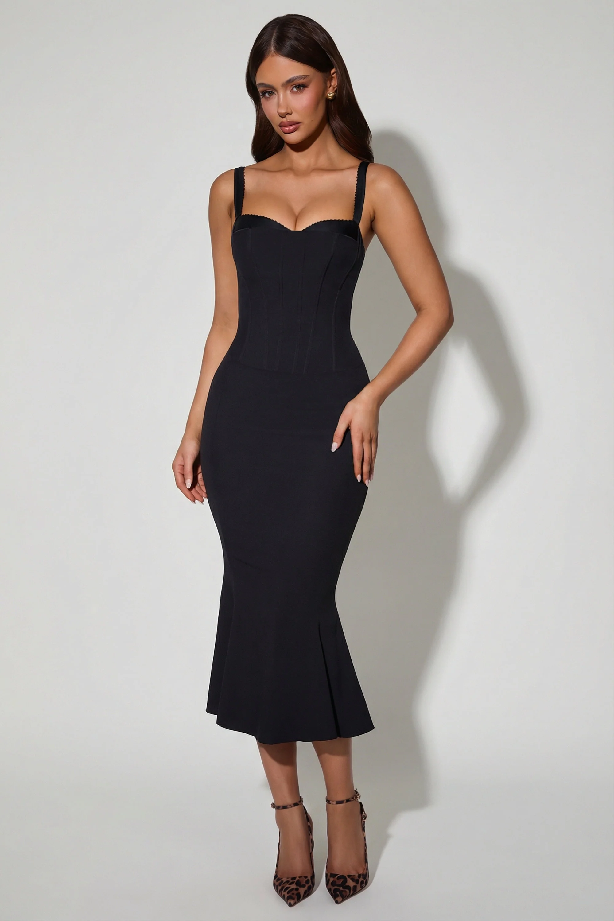 Layered Bra-Detail Fishtail Midaxi Dress in Black - Image 5
