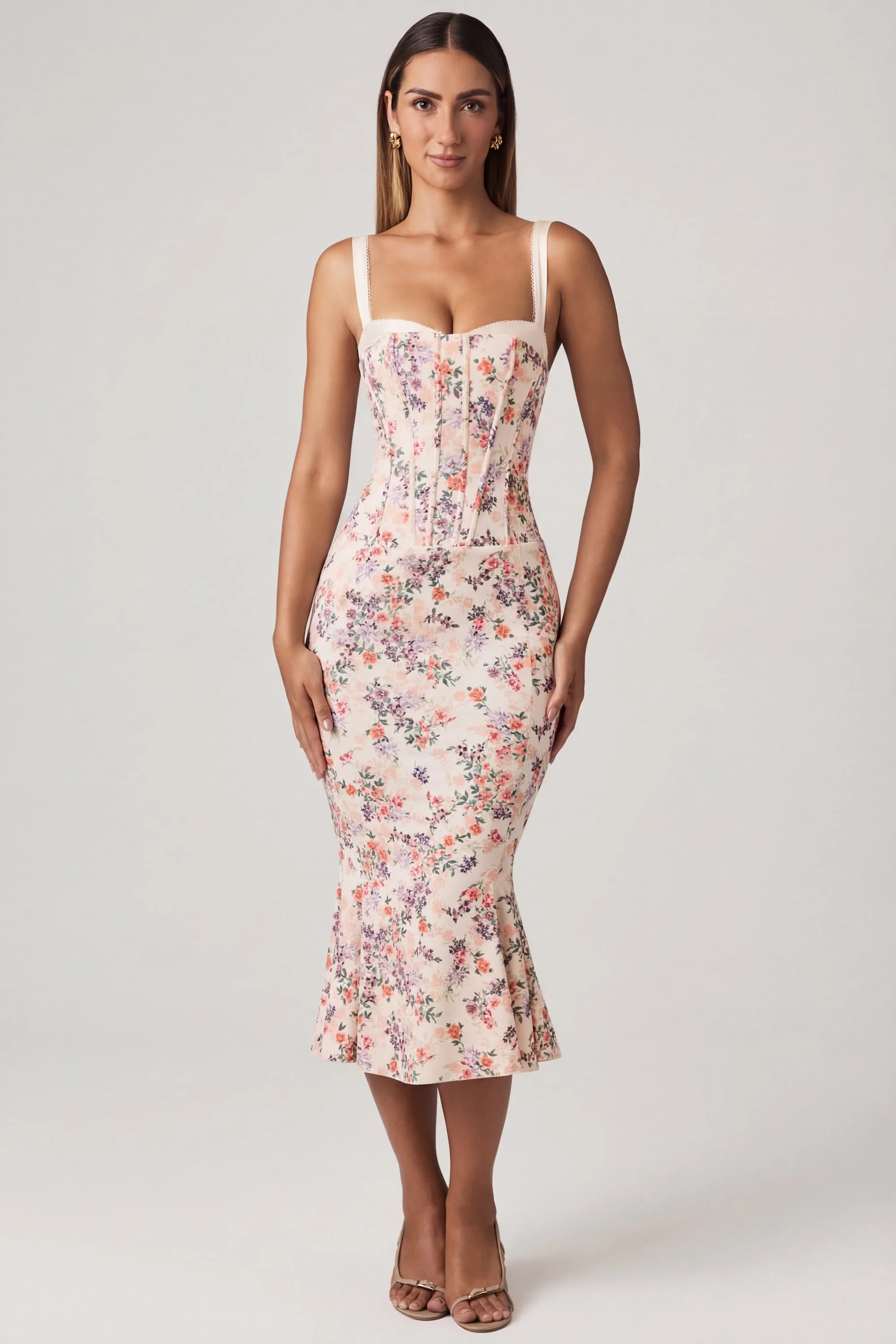 Layered Bra-Detail Fishtail Midaxi Dress in Primrose Floral Print - Image 6