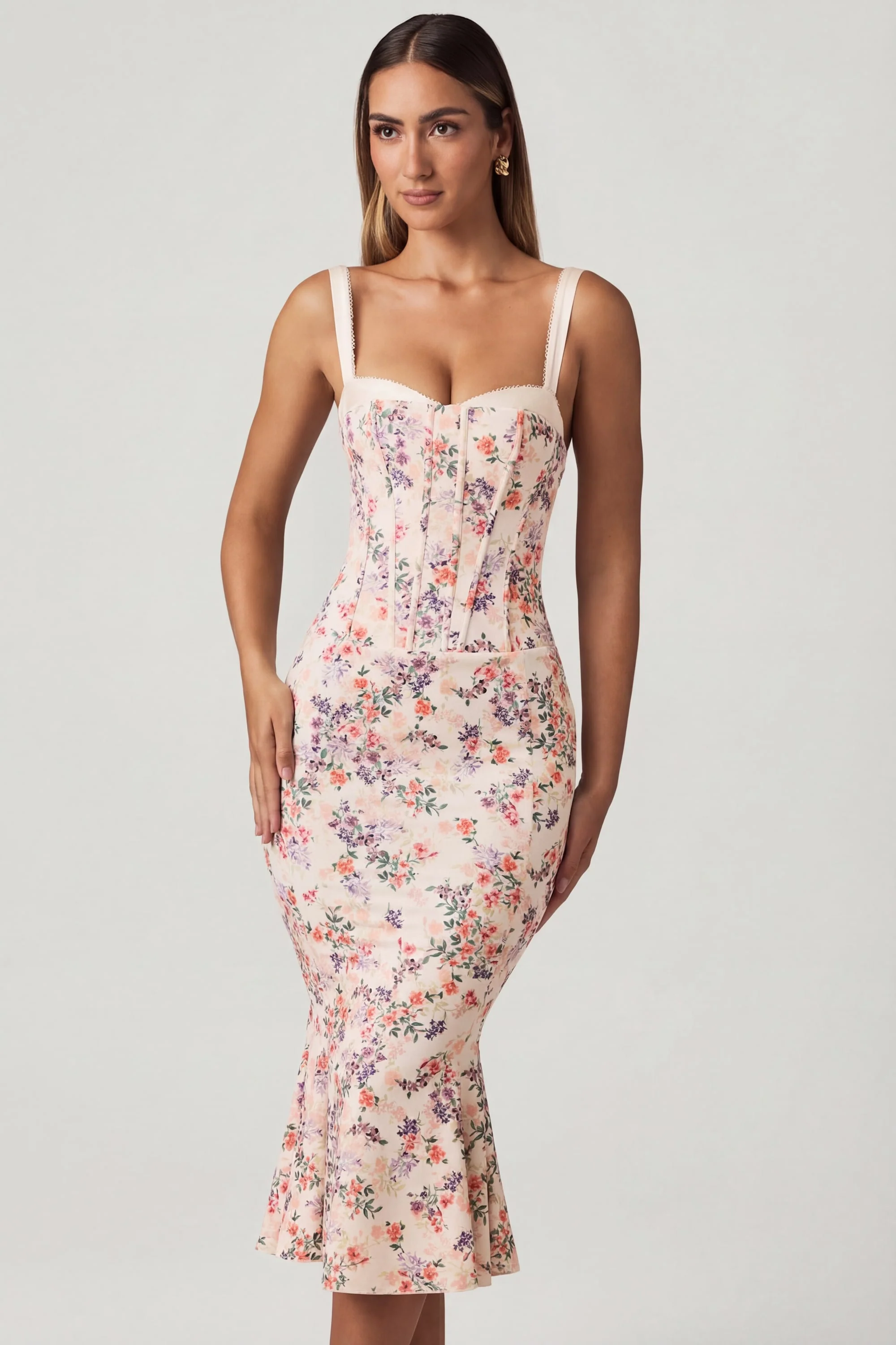 Layered Bra-Detail Fishtail Midaxi Dress in Primrose Floral Print - Image 9