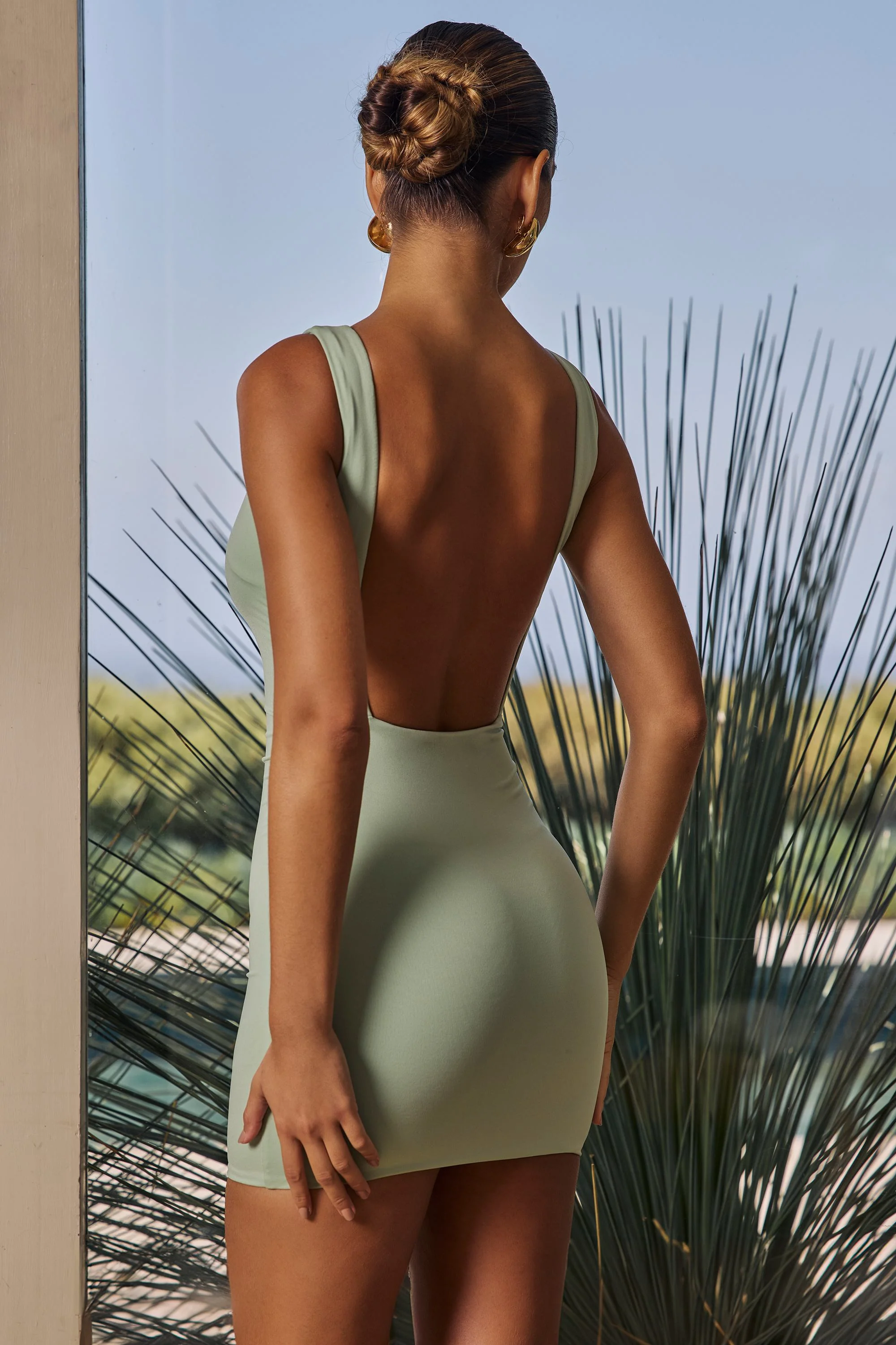 Draped Open-Back Mini Dress in Green - Image 2