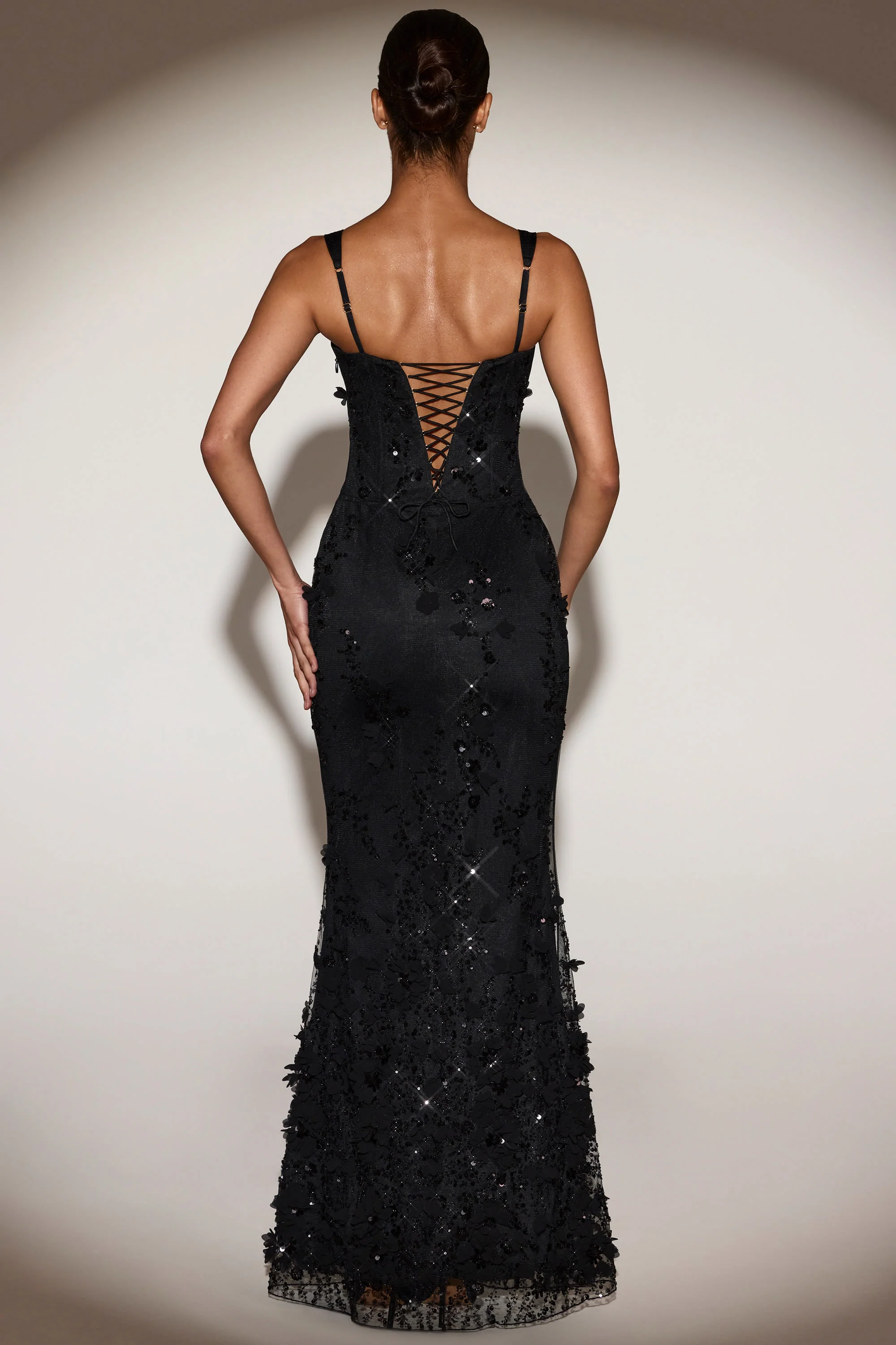 Embellished Appliqué Soft-Scoop Corset Gown in Black - Image 2