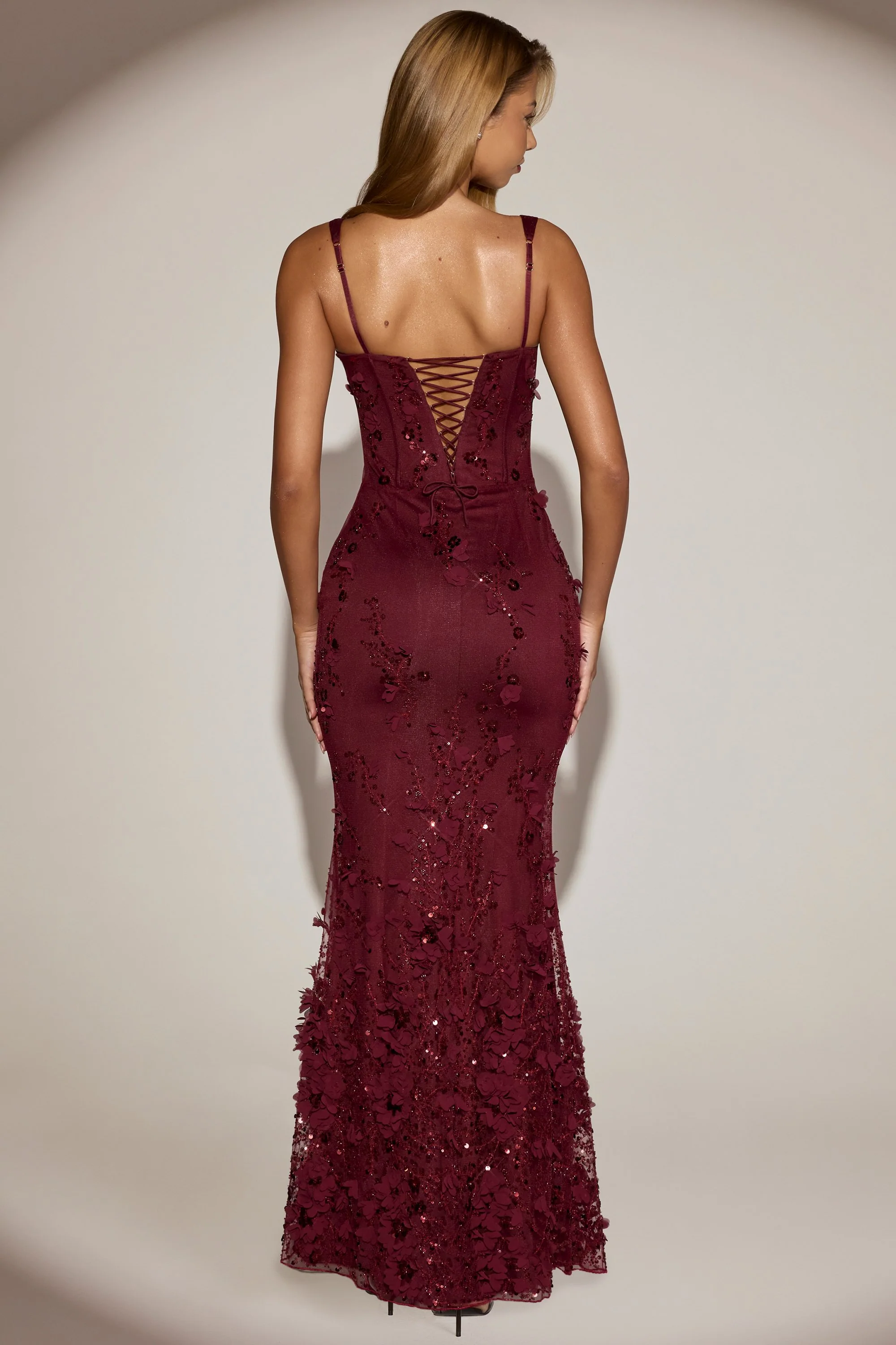 Embellished Appliqué Soft-Scoop Corset Gown in Wine Red - Image 6
