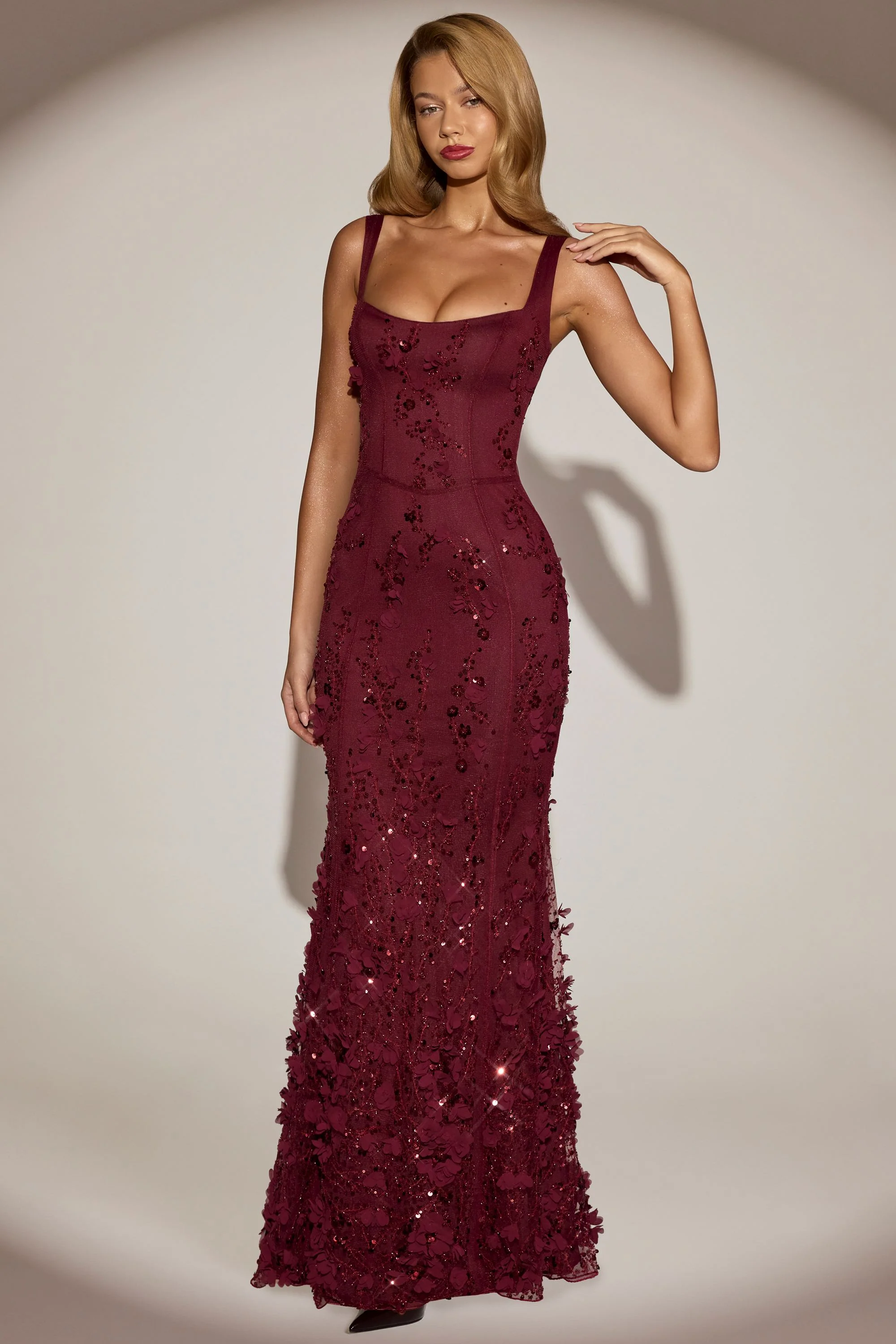 Embellished Appliqué Soft-Scoop Corset Gown in Wine Red - Image 8