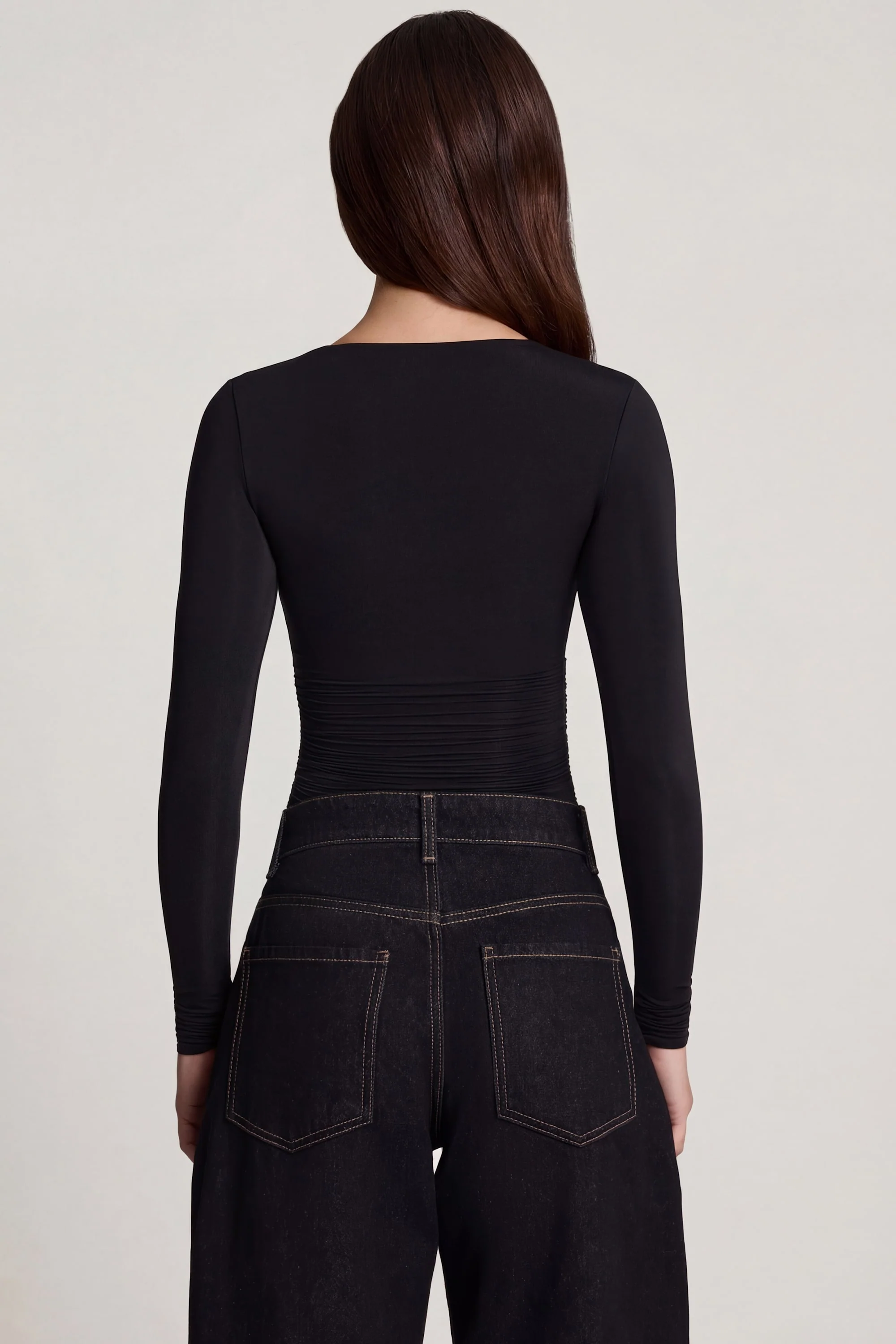 Soft Jersey Sweetheart Ruched Long-Sleeve Top in Black - Image 2