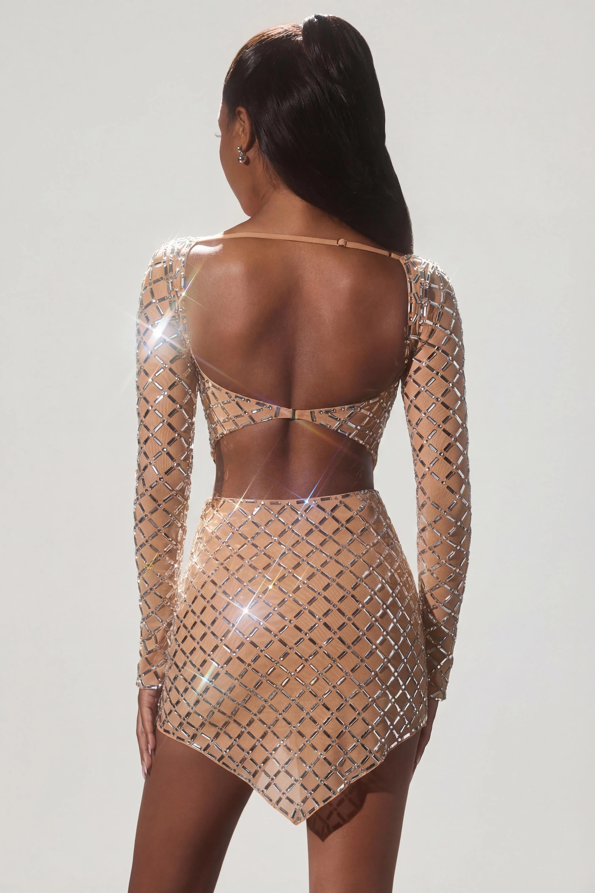 Embellished Asymmetric Mid-Rise Mini Skirt in Almond - Image 2