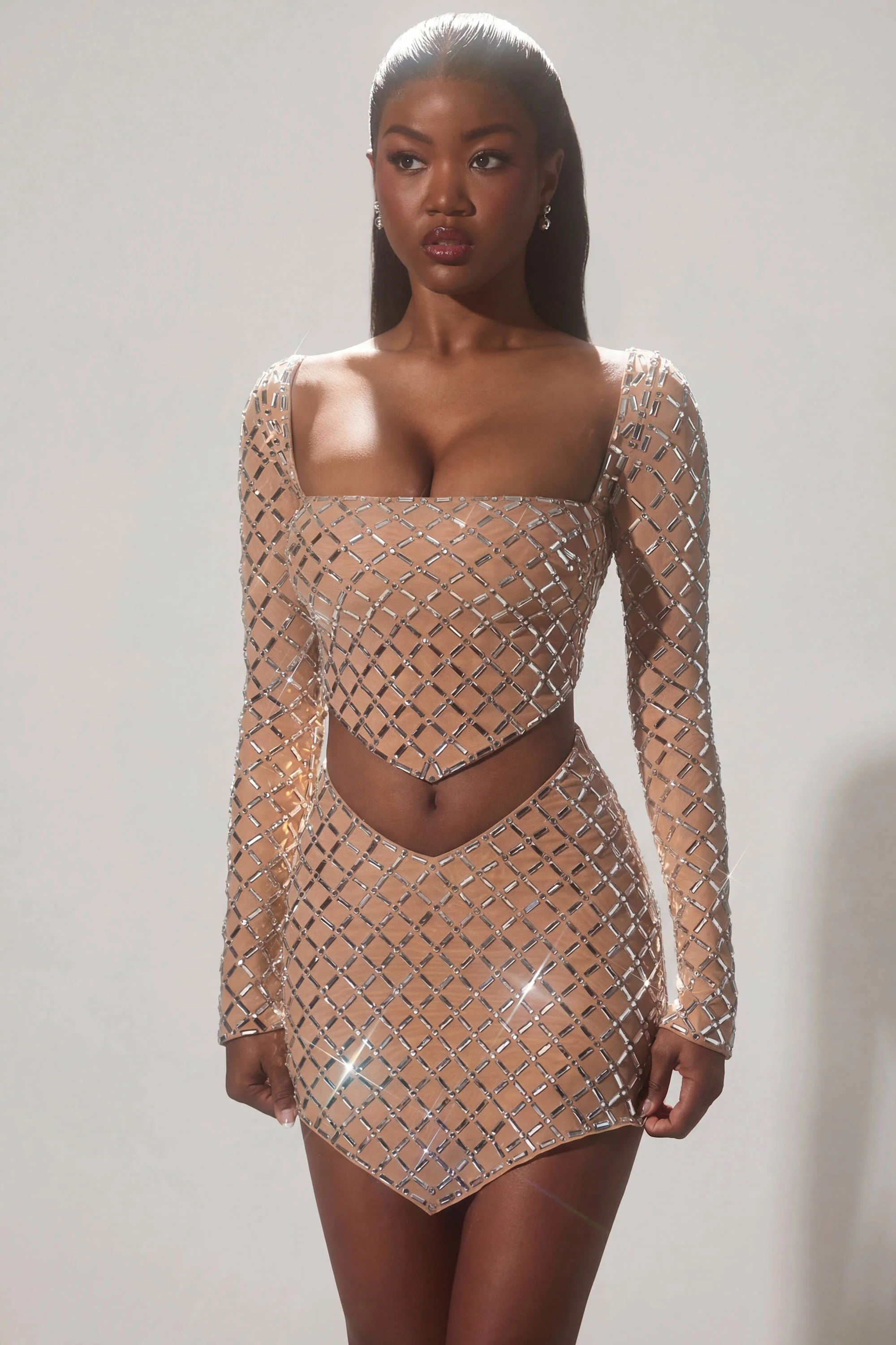 Embellished Asymmetric Mid-Rise Mini Skirt in Almond - Image 6