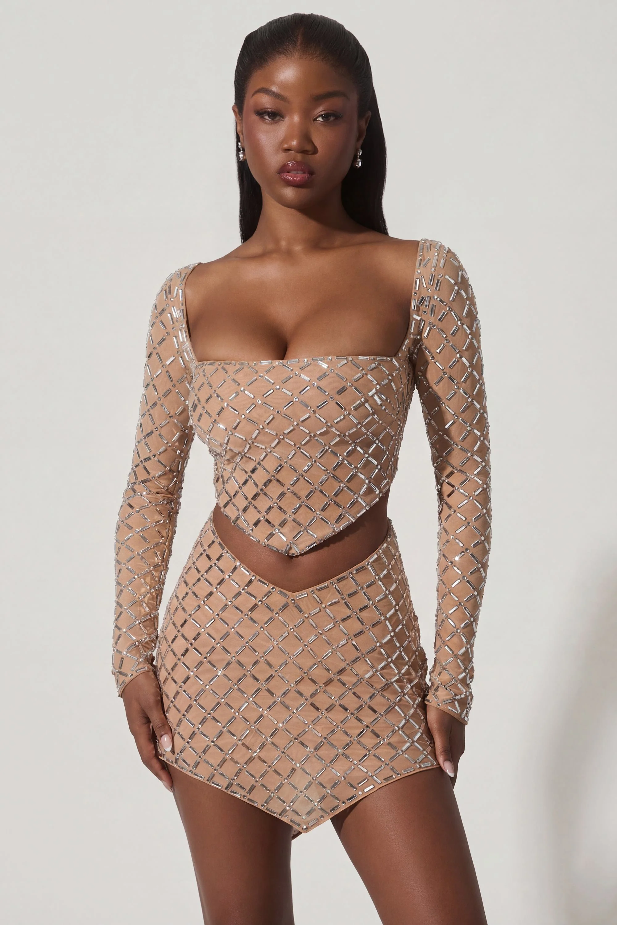 Embellished Asymmetric Mid-Rise Mini Skirt in Almond - Image 7