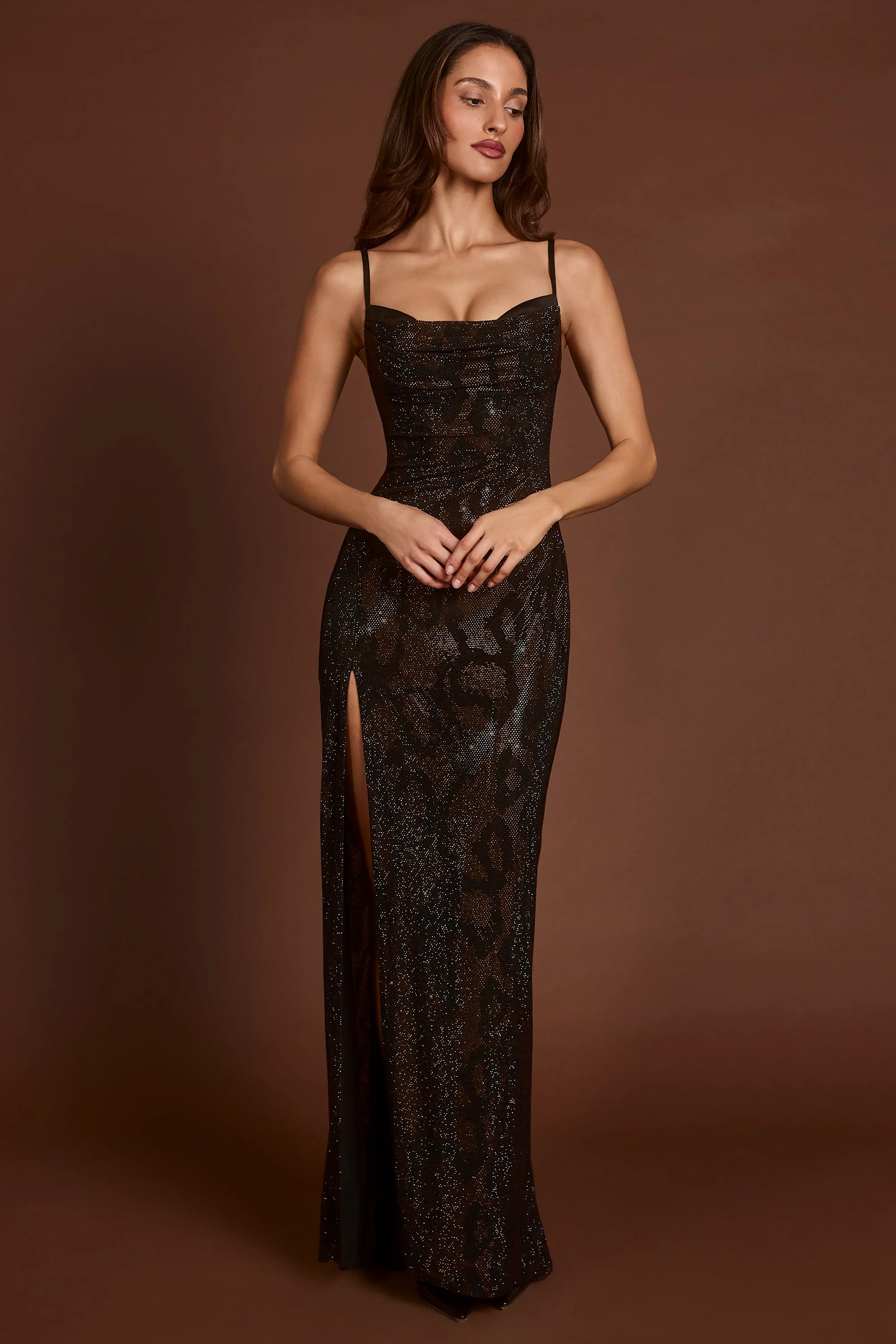 Embellished Peekaboo Cowl-Neck Dress in Brown Snake - Image 8